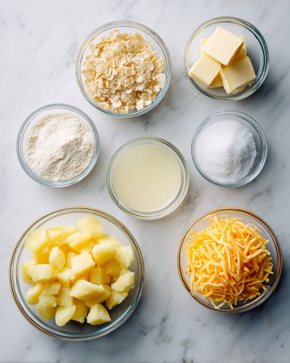 The image shows seven small clear glass bowls arranged on a white marbled surface. The largest bowl at the bottom left contains yellow diced potatoes with a soft texture. To its top left, a medium bowl holds crumbly flakes in a beige color. To the right of the potato bowl, a small bowl contains white powder, likely flour. Above this, a small bowl filled with fine white granules, possibly sugar, is placed. Near the top center, a bowl of pale yellow liquid is visible. To the right of this liquid, a small bowl has three square pieces of light yellow butter. Finally, at the top right, a bowl contains shredded orange cheddar cheese with fine texture. photo taken with an iphone --ar 4:5 --v 7