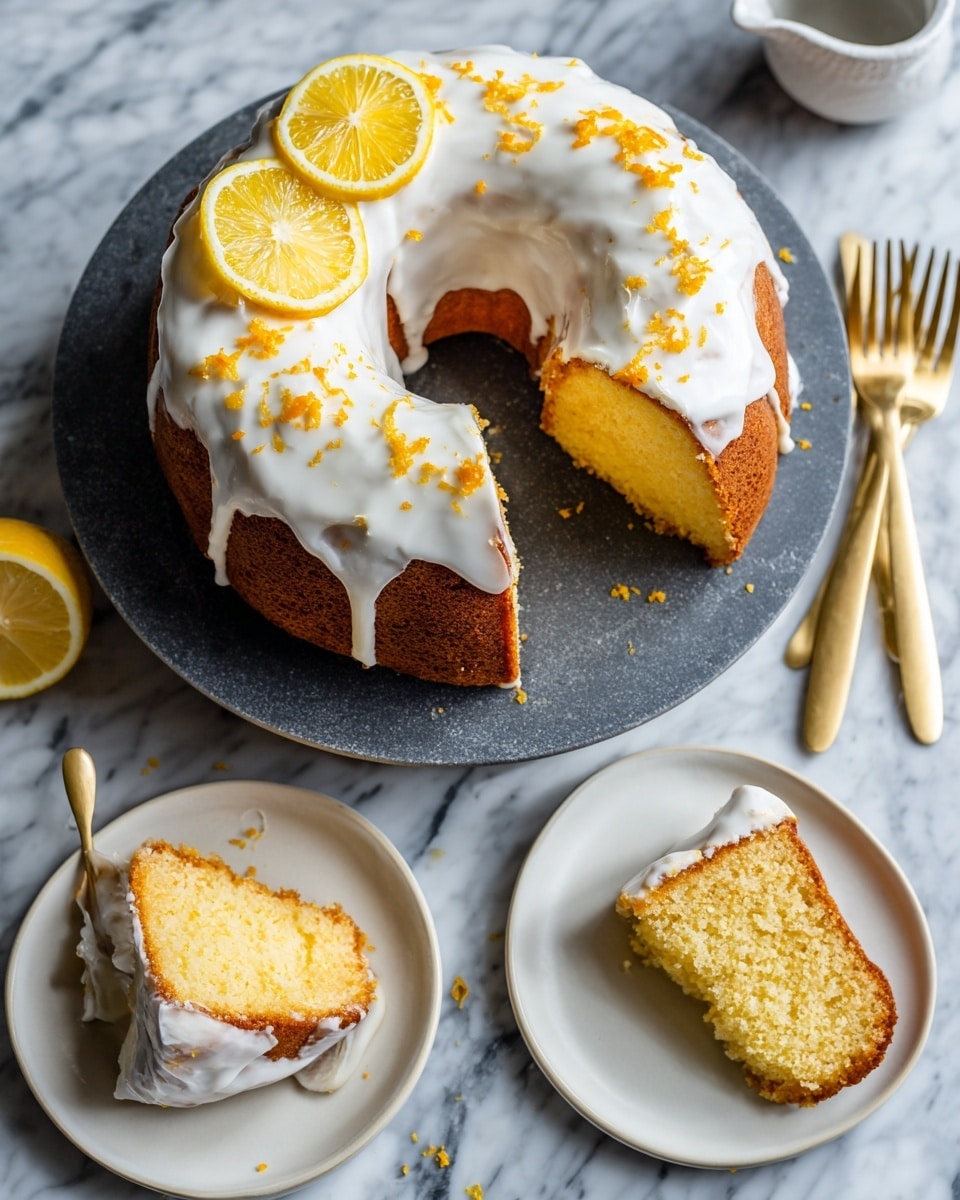 A ring-shaped lemon cake with a thick, smooth white icing layer on top, decorated with small orange zest bits and two lemon slices near the top. The cake sits on a dark gray round board with a white marbled surface beneath. A wedge has been taken out from the cake, showing its moist, light yellow inside. Next to the cake, there are two white plates each holding a slice of the lemon cake, both with golden forks placed alongside. Photo taken with an iphone --ar 4:5 --v 7