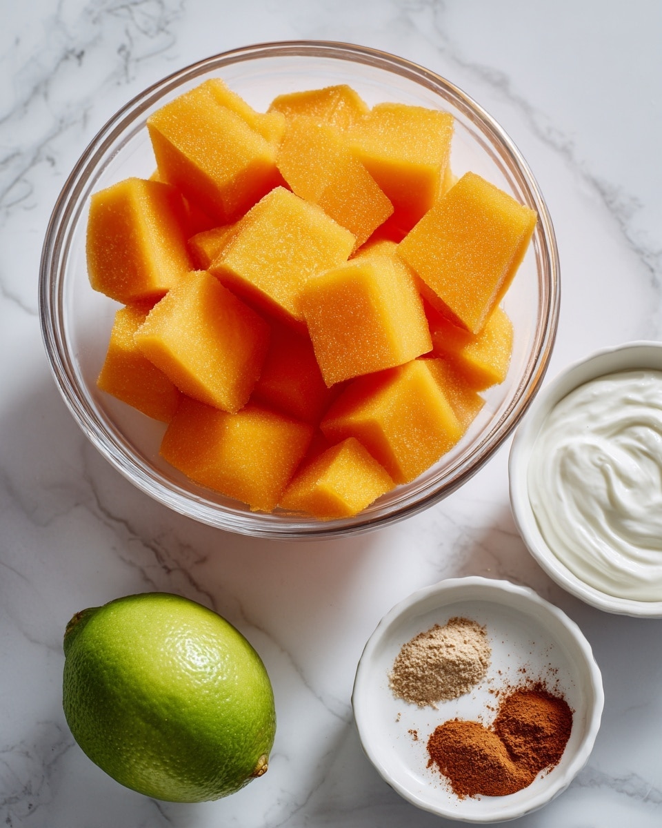 A clear glass bowl filled with bright orange frozen mango cubes, each cube showing a frosty texture and piled loosely to fill the bowl. To the right, a small white bowl holds thick white yogurt with a smooth, creamy surface. Below the mango bowl is a half lime, showing a fresh green color and textured inside. Next to the lime is another small white bowl containing a mixture of light brown and reddish powders of cinnamon and cardamom, scattered gently on the surface. All items are placed on a white marbled surface. photo taken with an iphone --ar 4:5 --v 7