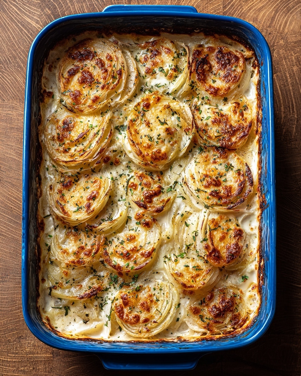 A rectangular blue baking dish filled with several layers of thin onion slices arranged in overlapping rings, baked until golden brown with some crispy browned spots on top, all covered in a creamy sauce with herbs sprinkled evenly over the surface, sitting on a wood-textured surface replaced by white marble texture photo taken with an iphone --ar 4:5 --v 7