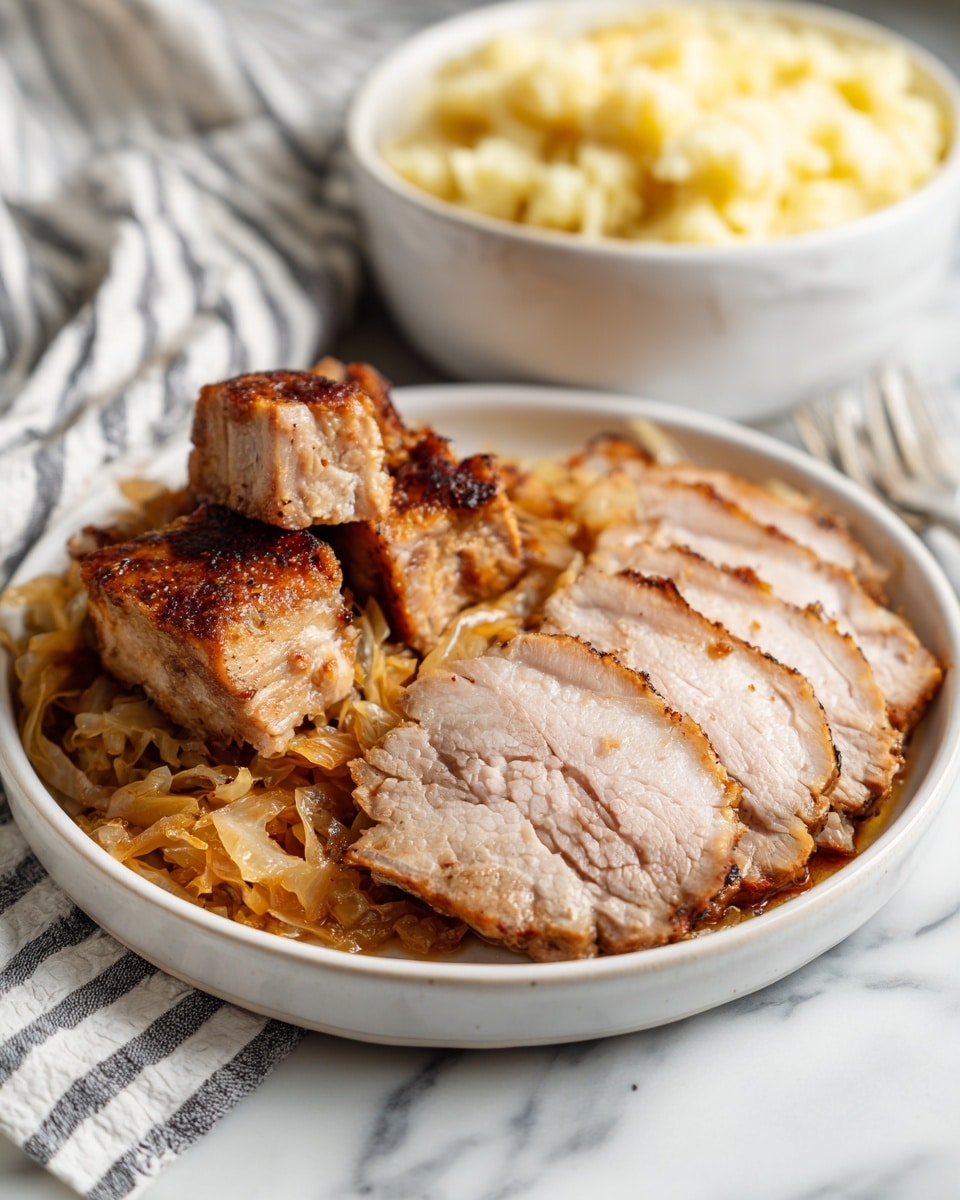 A round white plate on a white marbled surface holds a base layer of cooked, shredded light brown cabbage spread evenly. On top, there are two main layers of pork: the first layer consists of thick, square pieces cooked to a light brown color; the second layer is several slices of light pink pork tenderloin with a slight brown crust on the edges, fanned out to the right side of the plate. In the background, a white bowl filled with light yellow mashed potatoes is partly visible. The overall setting includes a white cloth with black stripes casually placed behind the plate. Photo taken with an iphone --ar 4:5 --v 7