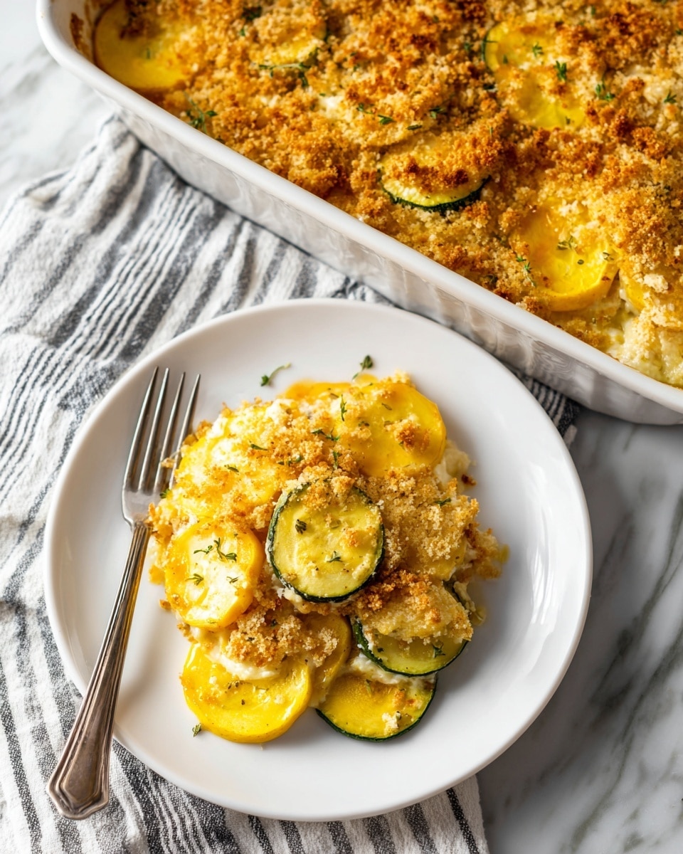 A rectangular green ceramic baking dish filled with a layered casserole, with a golden brown crumb topping made of crushed crackers or bread pieces that covers the entire surface evenly. The layers underneath are slightly visible at the edges, showing a soft, creamy yellow filling which looks like a mixture of vegetables and sauce. The dish is placed on a white marbled surface, giving a clean and bright background. photo taken with an iphone --ar 4:5 --v 7