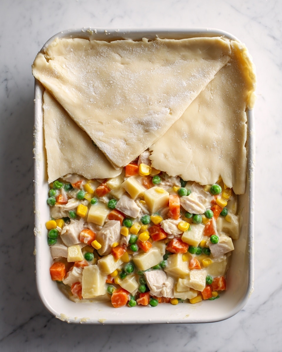 A white rectangular baking dish sitting on a white marbled surface contains a pot pie about to be covered with pie dough. The dish is filled with a creamy mix of diced white chicken, cubed light yellow potatoes, bright orange carrot pieces, green peas, yellow corn, and green beans, all in a thick beige sauce. A layer of pale, uncooked pie dough with a dusting of flour is partially covering the filling, folded back on one side to show the colorful filling inside. Photo taken with an iphone --ar 4:5 --v 7