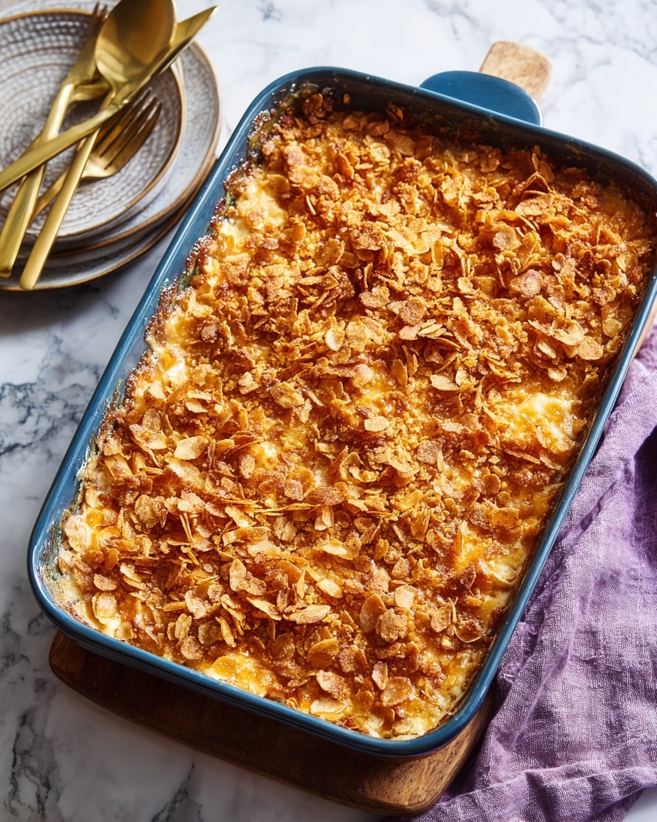 The image shows a rectangular blue baking dish filled with a baked casserole. The dish has three layers visible: a creamy white base layer, a middle layer of mixed ingredients blending into the base, and a top layer covered with golden-brown crispy crumbs. The casserole is partially scooped out from one corner, revealing the inside layers. The dish sits on a small wooden board on a white marbled surface. Around the dish, there are a purple cloth, a glass of water with a purple tint, and gold-toned cutlery nearby. Photo taken with an iphone --ar 4:5 --v 7