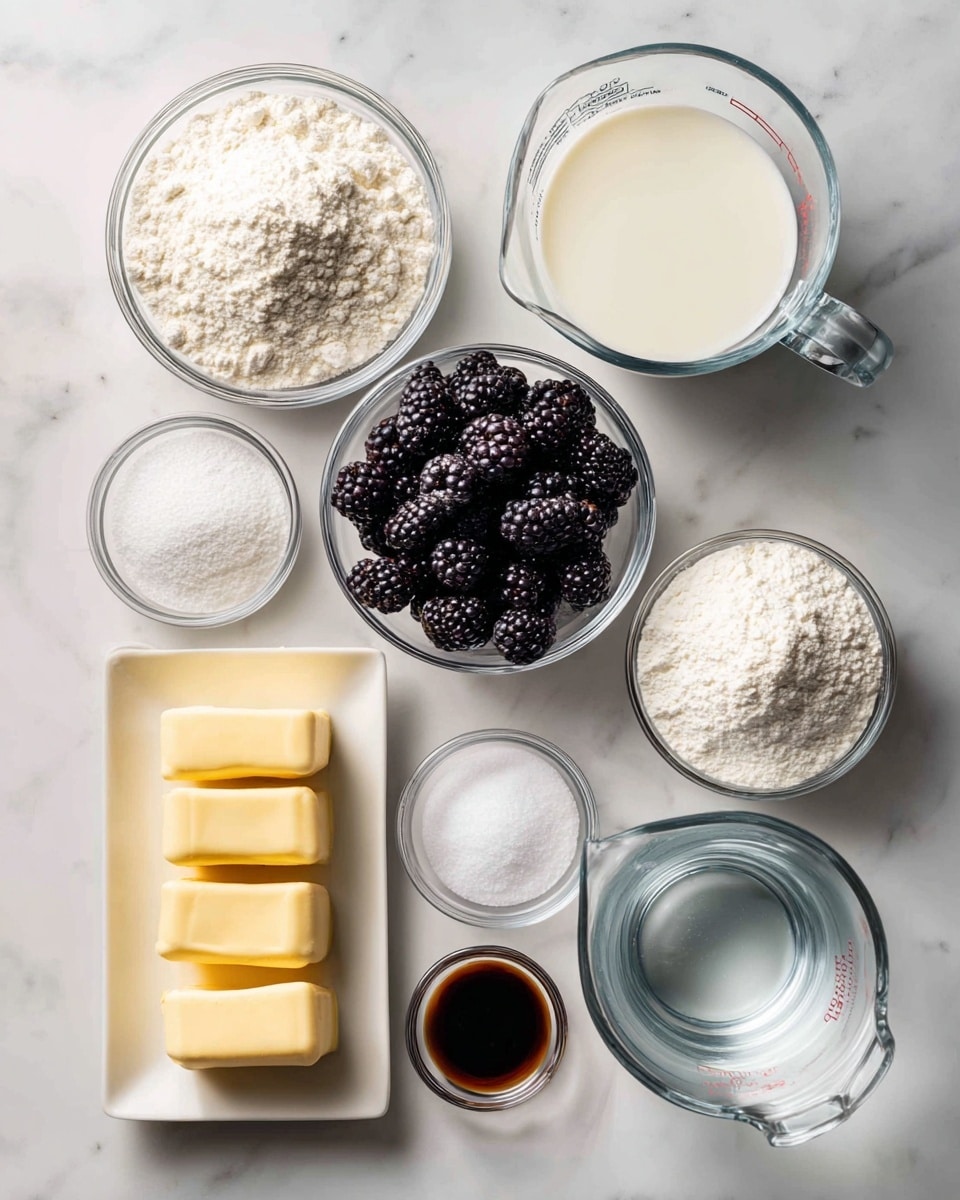 The image shows nine clear glass bowls and one clear measuring cup arranged on a white marbled surface. Starting from the top left, there is a bowl with white flour, next to it on the right is a measuring cup filled with white milk, below the flour bowl is one with white sugar, and next to that is a bowl full of dark blackberries with a rough texture in the center. Below the blackberries, at the bottom center, is a rectangular dish with six small pieces of pale yellow butter. To the right of the butter dish, there is a small bowl with dark brown vanilla liquid, above that a tiny bowl with white salt, and next to the vanilla on the left is a bowl with white baking powder. Finally, to the right of the blackberries and below the milk, there is a clear measuring cup filled with water. Each item is clear and distinct, the colors ranging from white and creamy to dark purples and browns. photo taken with an iphone --ar 4:5 --v 7