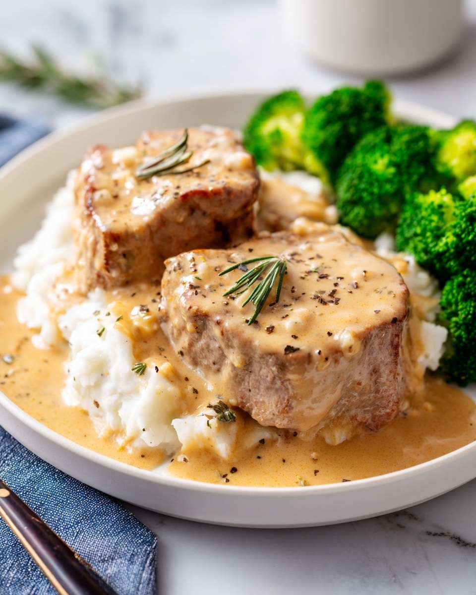 A close-up view of a single cooked piece of meat covered in light brown creamy sauce with small green herb pieces sprinkled on top, held by a wooden spoon inside a black slow cooker filled with the same sauce and more pieces of meat visible beneath. The sauce has a smooth and slightly thick texture with some black pepper specks. The background shows the black inner part of the cooker, focusing on the tender meat in sauce. photo taken with an iphone --ar 4:5 --v 7