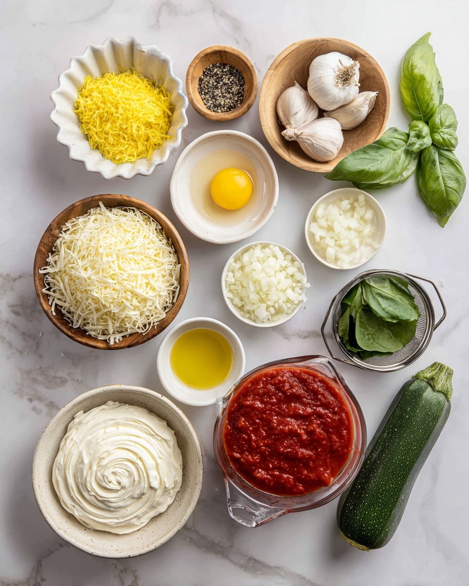 The image shows an arrangement of various cooking ingredients on a white marbled surface. From top left to right, there is a small fluted white bowl filled with bright yellow lemon zest, a small wooden bowl with black and white salt and pepper, and fresh green basil leaves lying directly on the surface. Below the lemon zest is a wooden bowl with three garlic cloves, a small fluted white bowl holding a yellow raw egg yolk, and a small white bowl with golden olive oil. Moving right, there is a round stoneware bowl filled with finely chopped white onions. At the bottom left, a stoneware bowl is filled with shredded white mozzarella cheese, beside it a larger stoneware bowl holds creamy full-fat ricotta cheese with a textured swirl on top. Below is a clear glass measuring cup with rich red homemade tomato sauce. To the right is a metal strainer filled with fresh bright green baby spinach leaves and just above the tomato sauce are two small fresh green zucchinis. Between the cheeses and egg yolk is a small white bowl with dried oregano and a small white bowl with grated pale yellow parmesan cheese. Each ingredient is clearly visible and neatly placed, making the image bright and clean photo taken with an iphone --ar 4:5 --v 7