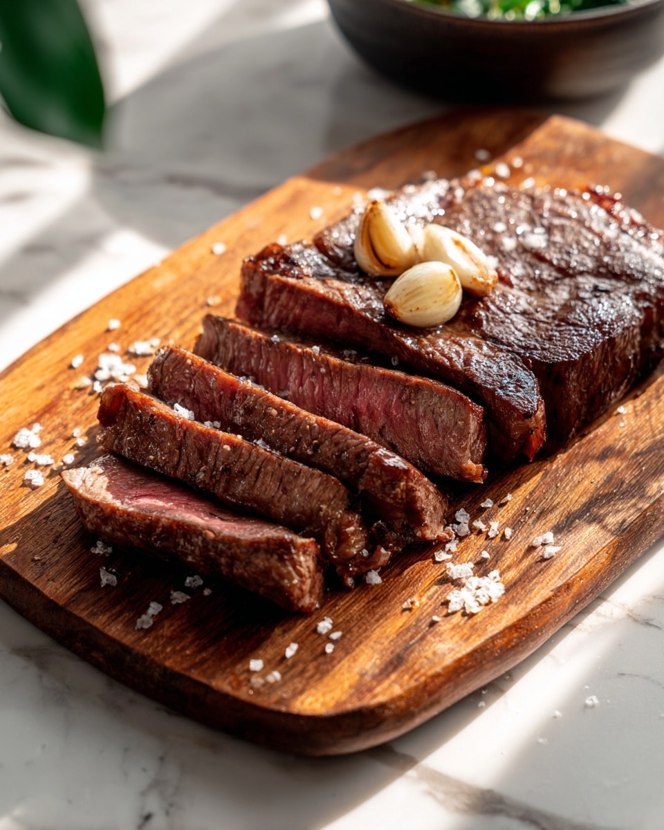 A thick, dark brown cooked steak is sliced into five pieces, with a juicy pink center showing in each piece. The steak slices are arranged in a slightly curved line on a brown wooden cutting board. Two whole cloves of roasted garlic rest on top of the steak, and scattered coarse salt crystals sit on and around the meat. The setting is a white marbled surface with soft natural light casting shadows. In the background, part of a dark bowl with green contents is slightly blurred. Photo taken with an iphone --ar 4:5 --v 7