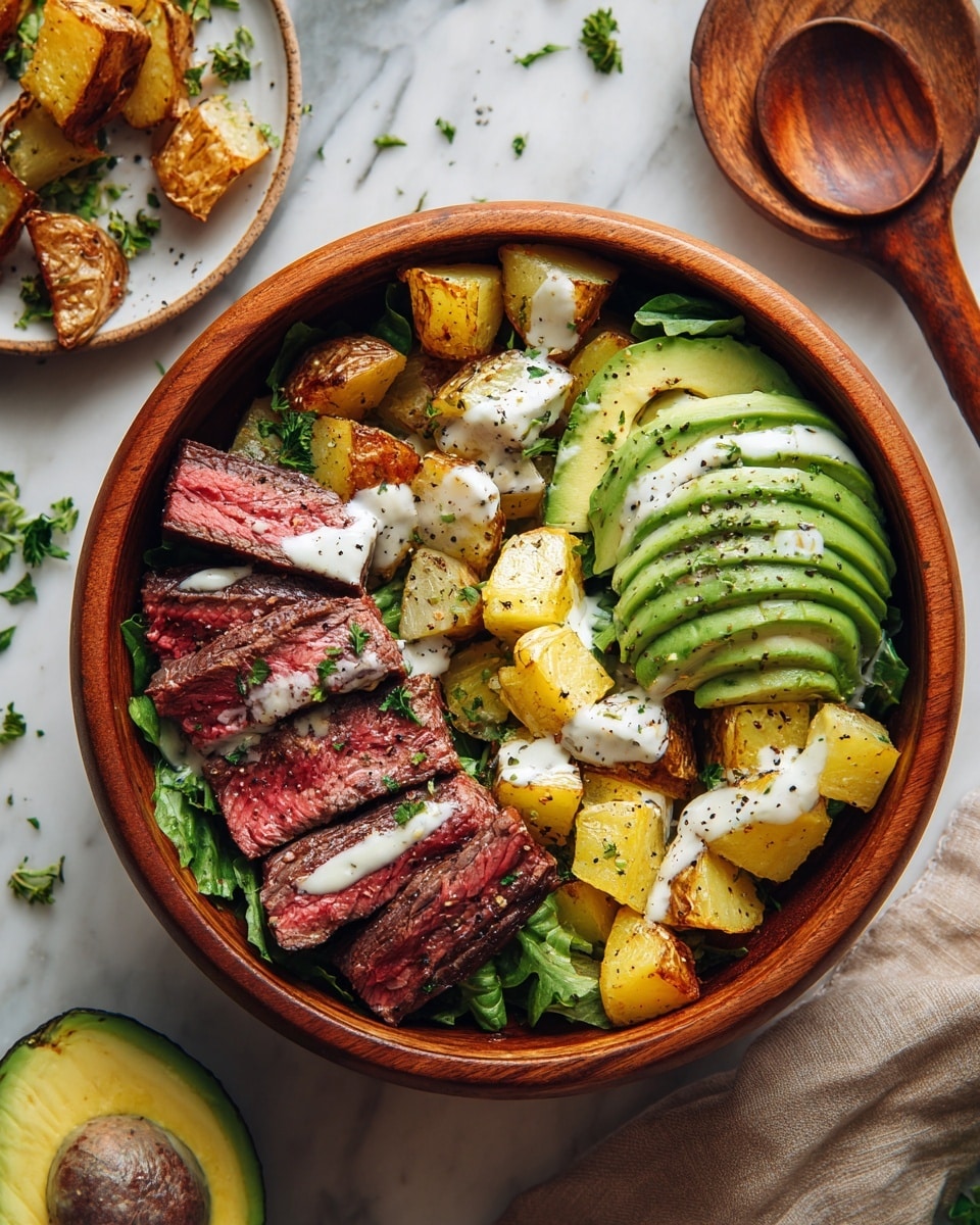 The dish shows a wooden bowl filled with layers starting from a base of chopped green lettuce, topped with pieces of medium-rare steak in deep red with a charred edge, golden-brown roasted potato chunks, and fanned slices of bright green avocado with black pepper sprinkled on top. White creamy dressing is drizzled across the steak, potatoes, and avocado. There are fresh green herbs scattered lightly for garnish. In the wooden bowl, a wooden spoon is placed on the right side. The setting includes a white marbled surface with some roasted potato pieces scattered and a plate with an avocado half and herbs beside the bowl. Photo taken with an iphone --ar 4:5 --v 7
