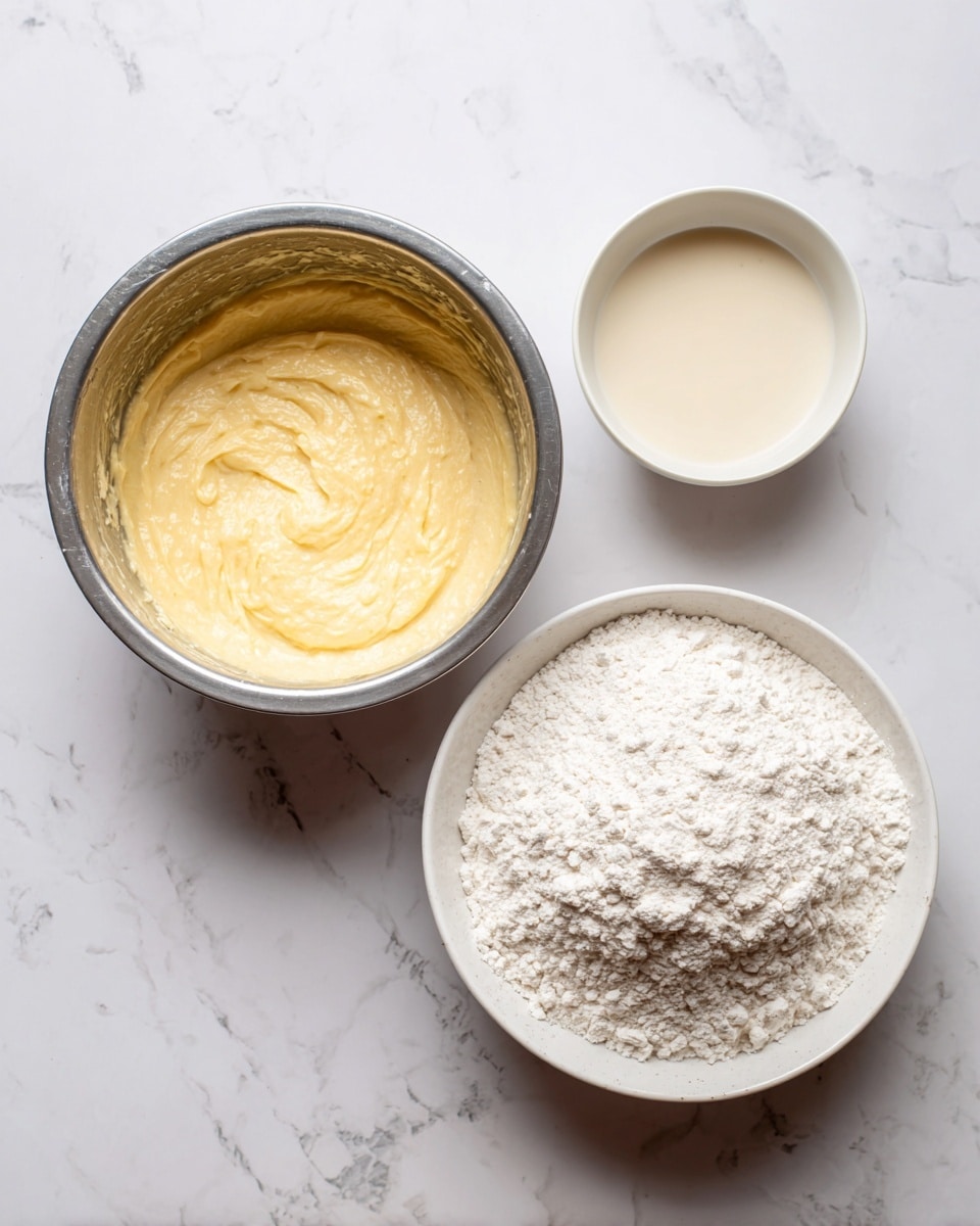 The image shows three bowls on a white marbled surface. On the left side, there is a metal bowl containing a light yellow, smooth batter mixture with visible creamy texture. On the right side, there is a white bowl full of fine white flour, slightly piled up in the center. Above the flour bowl, there is a small white bowl filled with a pale cream-colored liquid. The overall view emphasizes the preparation stage with the ingredients placed separately. photo taken with an iphone --ar 4:5 --v 7