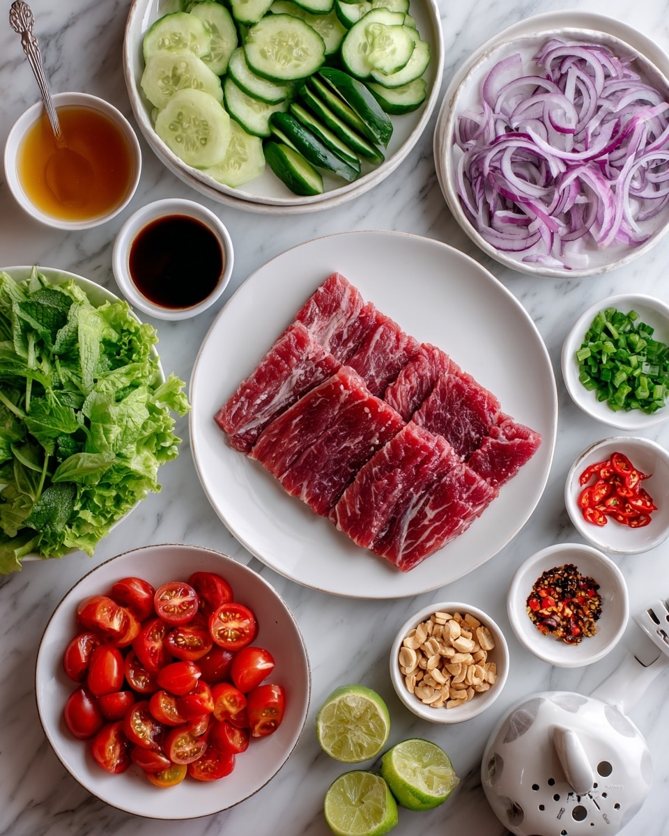 This image shows an overhead view of many ingredients neatly placed on a white marbled surface. In the center, there is a white plate with three raw red meat slices. Surrounding it are bowls of bright green chopped lettuce at the lower left, halved red cherry tomatoes in a white bowl at the lower right, and sliced cucumbers in a white bowl at the top left. To the top right of the meat plate are thinly sliced purple onions in a white bowl and fresh green chopped herbs in a smaller white bowl. There are small bowls and containers scattered around holding crushed peanuts, red chili pieces, dark soy sauce, amber-colored liquid, garlic cloves, and a small dish with green zest. A white citrus juicer with lime wedges sits near the bottom. The setup is clean and colorful with fresh, raw ingredients. Photo taken with an iphone --ar 4:5 --v 7