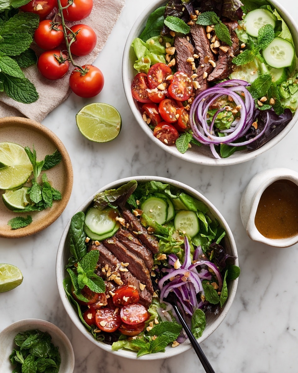 Two white bowls sit on a white marbled surface, each filled with a salad made of several layers: the bottom layer is dark green leafy lettuce, followed by bright green cucumber slices placed around the edges, and halved red cherry tomatoes scattered on top. Thin, curved rings of purple-red onion are arranged on the salads, with strips of cooked, brown steak placed across the middle. The salads are sprinkled with small pieces of crushed peanuts. A dark fork rests inside each bowl. Around the bowls are loose spinach leaves, a small bowl with green herbs, a small white jug with brown dressing, and a small tan plate holding lime wedges and fresh green mint leaves. A bunch of red cherry tomatoes on the vine is at the top left corner. Photo taken with an iphone --ar 4:5 --v 7
