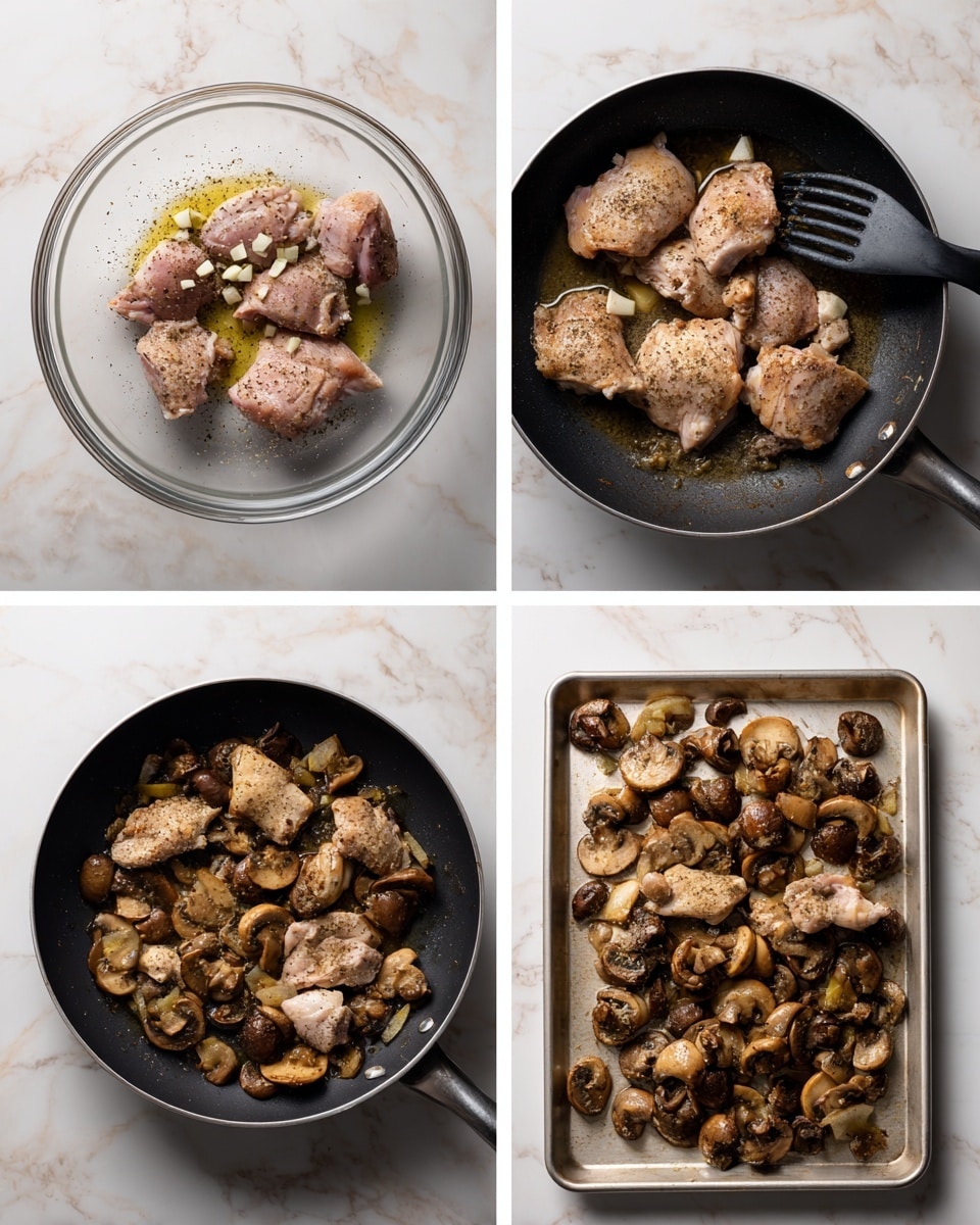 The image shows four stages of cooking seasoned raw chicken thighs and mushrooms on a white marbled surface. The first layer is raw chicken thighs in a clear glass bowl, seasoned with black pepper and small garlic pieces on top, with a black spatula resting inside the bowl. The second layer shows the chicken pieces placed in a black frying pan, spread out evenly with visible seasoning and some oil glistening around. The third layer displays cooked, browned chicken thighs arranged loosely on a silver baking tray. The fourth layer presents the same cooked chicken thighs on the silver tray, now accompanied by whole and sliced mushrooms, all browned and roasted together, creating a rich golden and dark brown color contrast. photo taken with an iphone --ar 4:5 --v 7