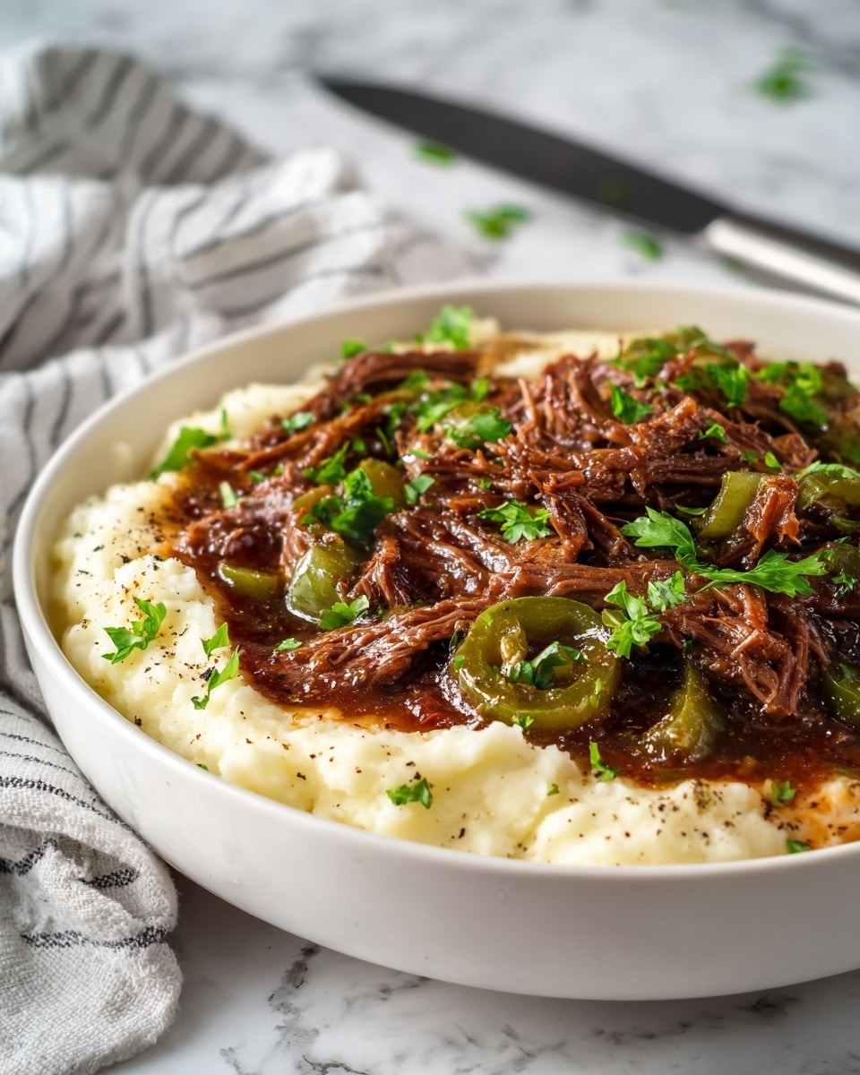 The dish shows a white bowl filled with two main layers: the bottom layer is smooth, creamy white mashed potatoes spread evenly around the sides with a slight dome shape, sprinkled lightly with black pepper. The top layer consists of tender, dark brown shredded beef mixed with green whole peppers, all coated in a shiny, rich brown sauce. Small green parsley leaves are scattered on top, adding a touch of fresh color. The bowl sits on a white marbled surface with a striped cloth and a knife nearby. Photo taken with an iphone --ar 4:5 --v 7