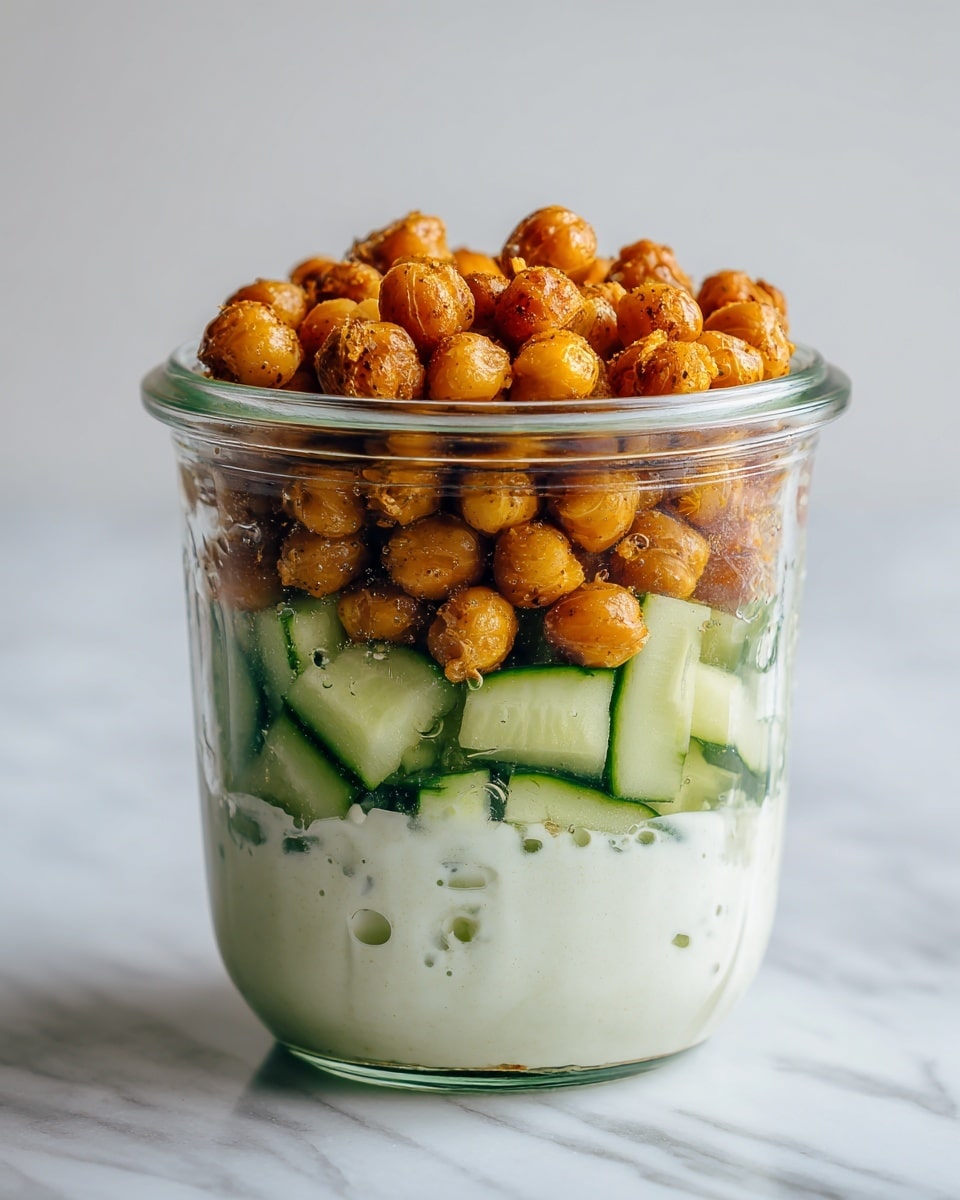 The image shows a clear glass jar with three visible layers. The bottom layer is creamy and white, looking smooth with a few small air bubbles. The middle layer is made of small green cucumber cubes, fresh with a mix of light and dark green skin edges. The top layer is a pile of round, golden-brown roasted chickpeas filling up the jar to the rim. The jar is placed on a white marbled surface with a plain light background. photo taken with an iphone --ar 4:5 --v 7