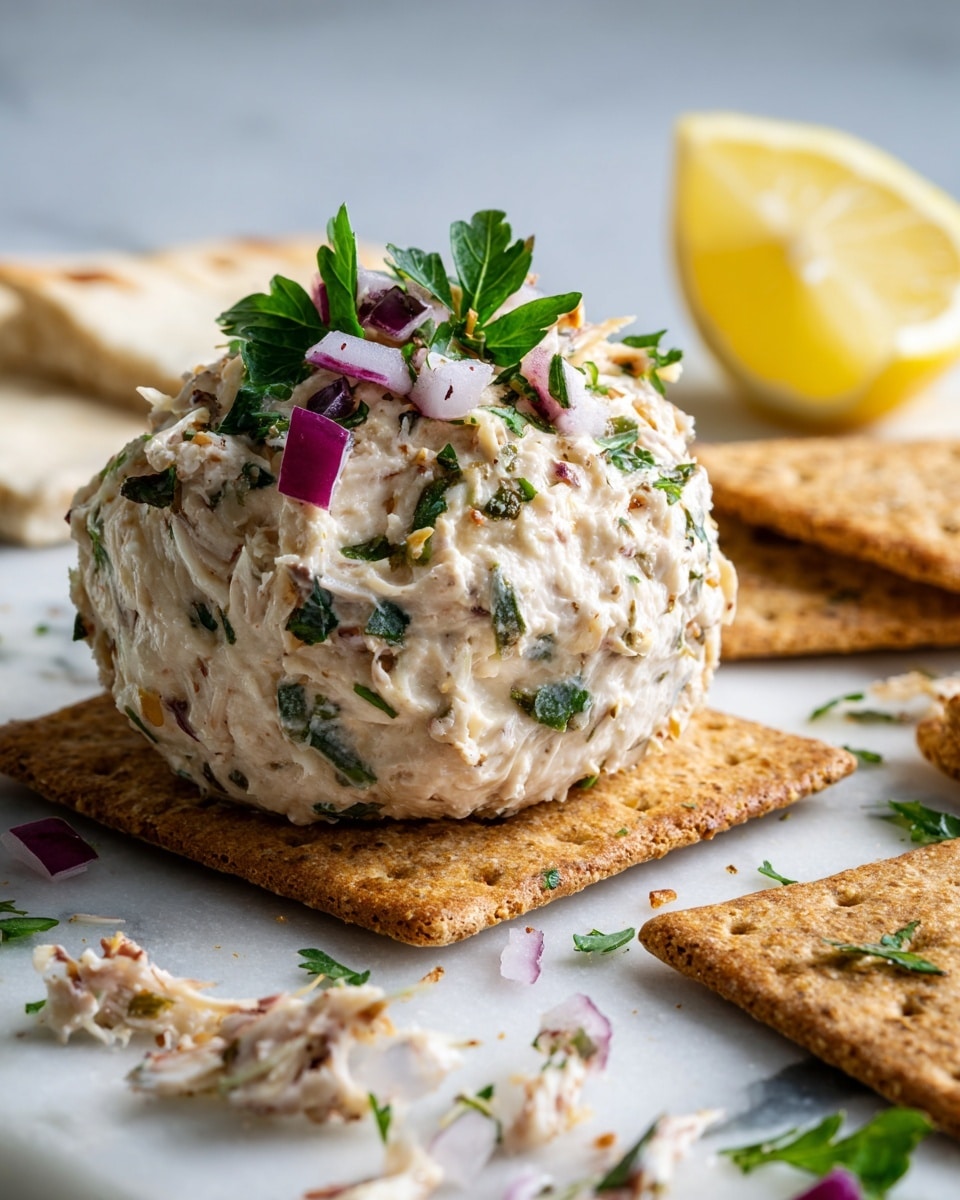 The image shows a wooden board with a thick, light-colored cooked fish fillet on the left side, with some small flakes of the fish scattered nearby. Next to it is a round mound of creamy, white spread mixed with green herbs, sprinkled with red seasoning and fresh parsley on top. To the right of the spread is a stack of square, beige crackers with visible brown grill marks. In the background near the top, there are slices of red tomato topped with a lemon slice. The whole scene is set on a white marbled surface. photo taken with an iphone --ar 4:5 --v 7