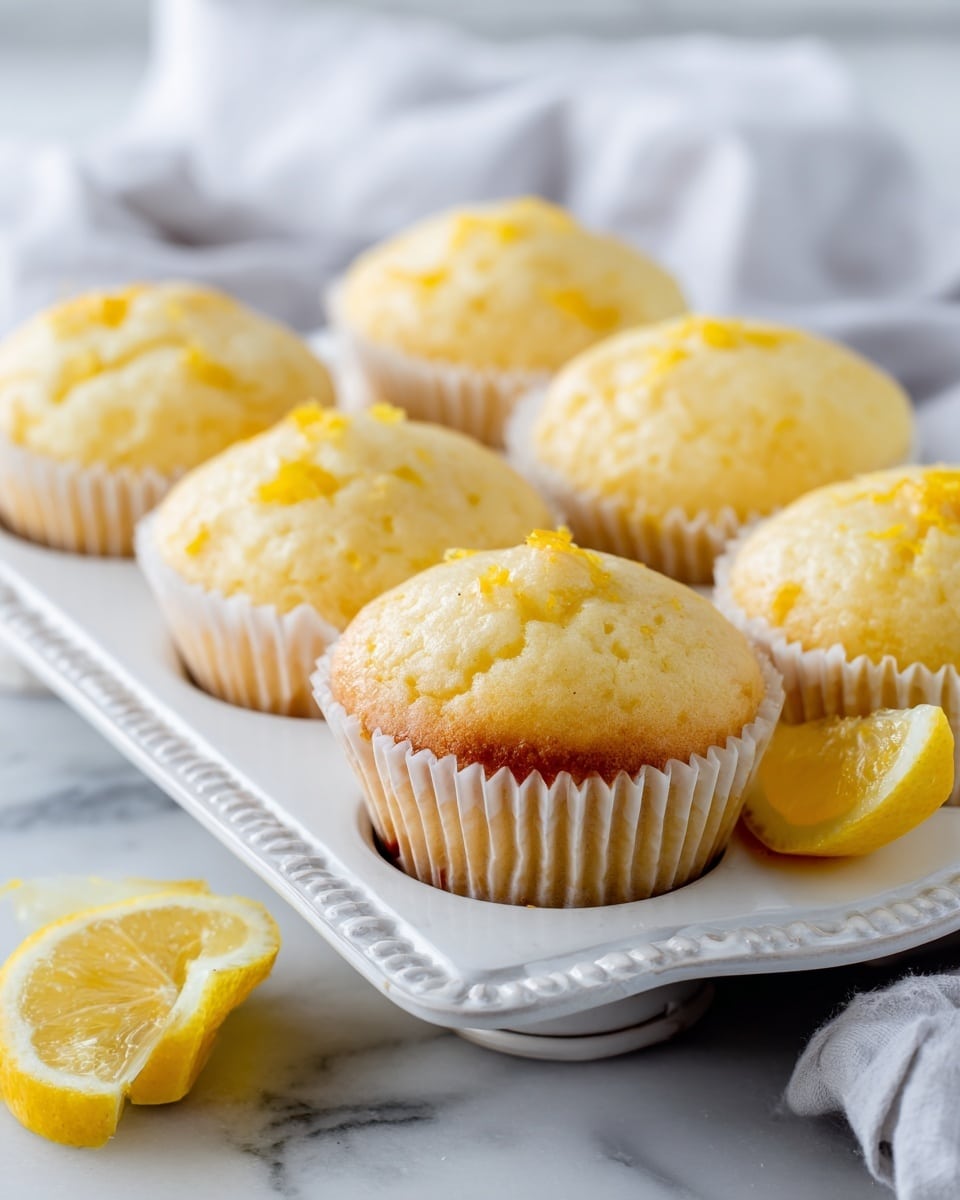 Six lemon muffins in white cupcake liners sit in a white tray with decorative edges. Each muffin is a pale yellow color with a smooth, slightly textured top dotted with small bits of lemon zest. Two small lemon wedges, bright yellow with white rind, are placed on the tray between the muffins. The tray is set on a white marbled surface that adds a clean, light background to the scene. photo taken with an iphone --ar 4:5 --v 7