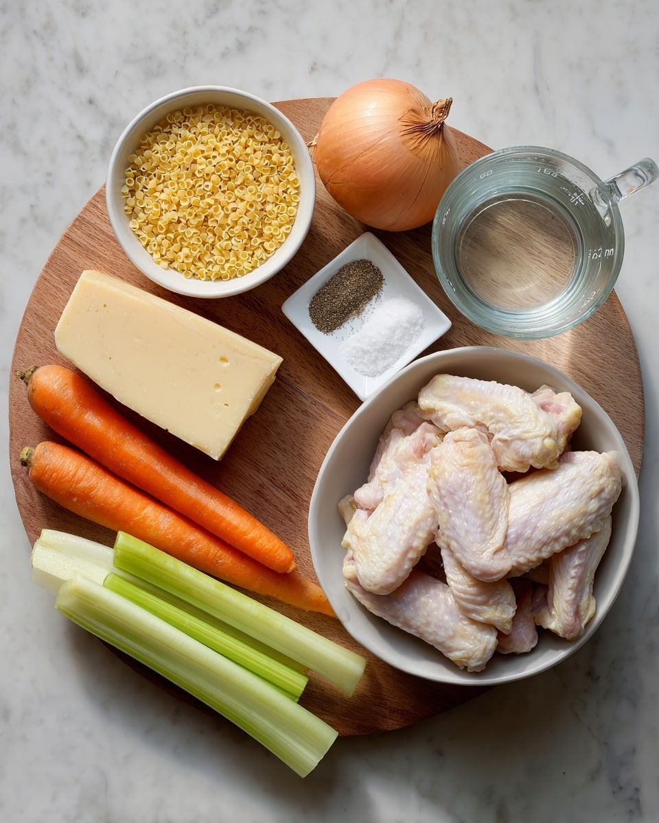 A round wooden board holds a group of cooking ingredients on a white marbled surface. There is a white bowl on the right filled with pale, raw chicken wings. To the left of the bowl, a smaller white bowl is full of tiny yellow pasta grains. Beside it lies a thick block of pale yellow parmesan cheese. Horizontally above the bowls and cheese are two whole orange carrots, two long, light green celery stalks, and a whole round onion with light brown skin. Above these, there are two small white square dishes, one with salt crystals and the other with ground black pepper. A clear glass measuring cup filled with water sits to the top right of the board. Each ingredient is labeled with simple black text on a white background. Photo taken with an iphone --ar 4:5 --v 7