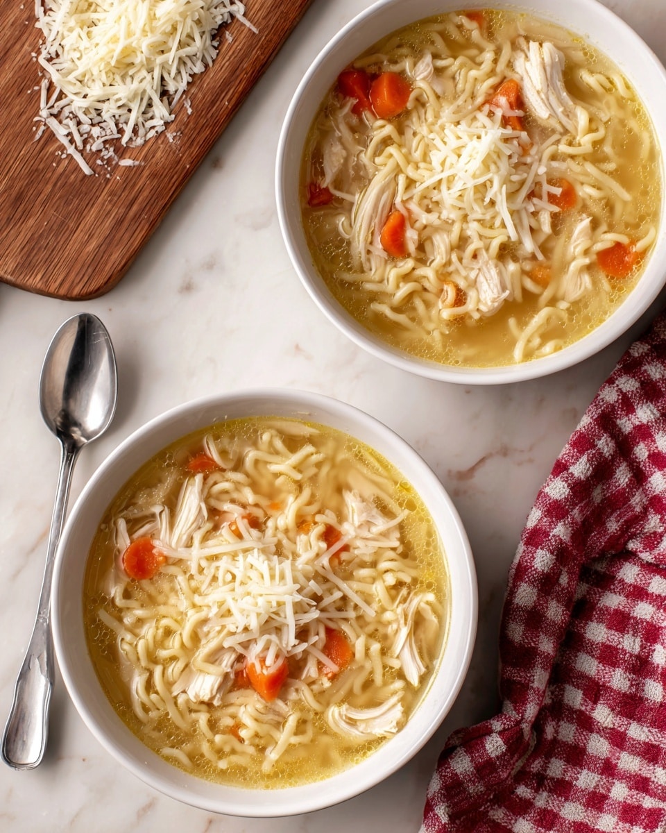 Two white bowls of clear chicken noodle soup sit on a white marbled surface. Each bowl contains a light yellow broth with small pieces of shredded white chicken, orange carrot slices, and tiny pasta stars. A pile of finely grated white cheese is melting on top of the noodles in both bowls. To the left, there is a wooden board with more grated cheese, and in the top right corner, a red and white checkered cloth is partially folded. A silver spoon is placed near the upper left bowl. photo taken with an iphone --ar 4:5 --v 7