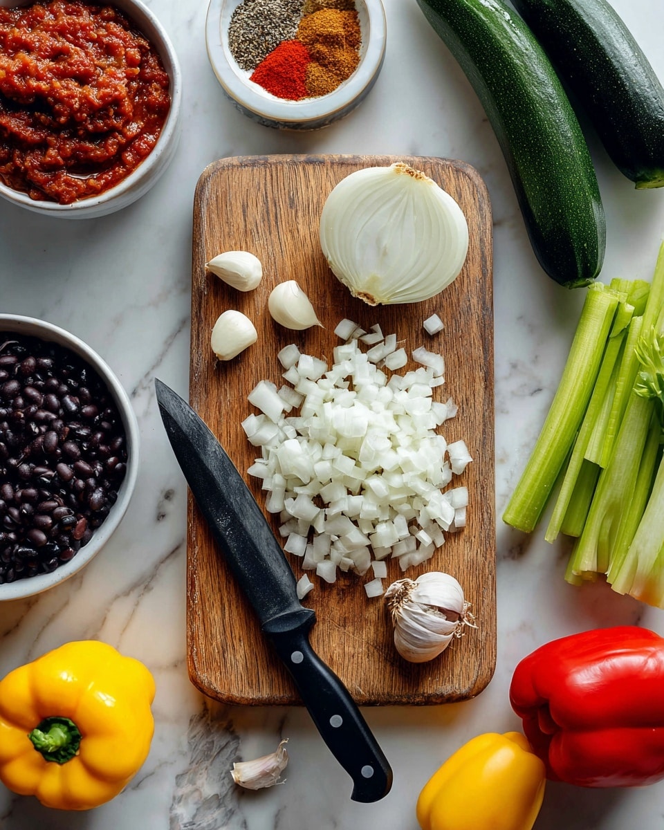 A wooden cutting board holds freshly chopped white onions in the middle with a sharp knife resting beside them, its black handle pointing towards the front. Two cloves of garlic lie next to the chopped onion on the board. Surrounding the board on a white marbled surface are a whole yellow bell pepper and a red bell pepper near the bottom right, a bunch of fresh green celery stalks on the top right, a whole zucchini on the left, and a half-sliced onion with exposed layers next to a white bowl containing mixed, colorful ground spices (red, orange, brown, and beige powders). A large open can of crushed red tomatoes and a white bowl filled with black beans are seen on the upper left and bottom left corners of the image. photo taken with an iphone --ar 4:5 --v 7
