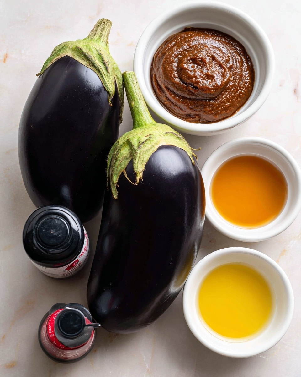 The image shows two large, dark purple eggplants with a shiny, smooth skin and green tops on a white marbled surface. Near them are three white small round bowls, one filled with a thick, brown paste, another with a dark brown liquid, and the third with a light yellow liquid. There is also a black bottle with a black cap and a red label lying on the surface next to the bowls and eggplants. photo taken with an iphone --ar 4:5 --v 7