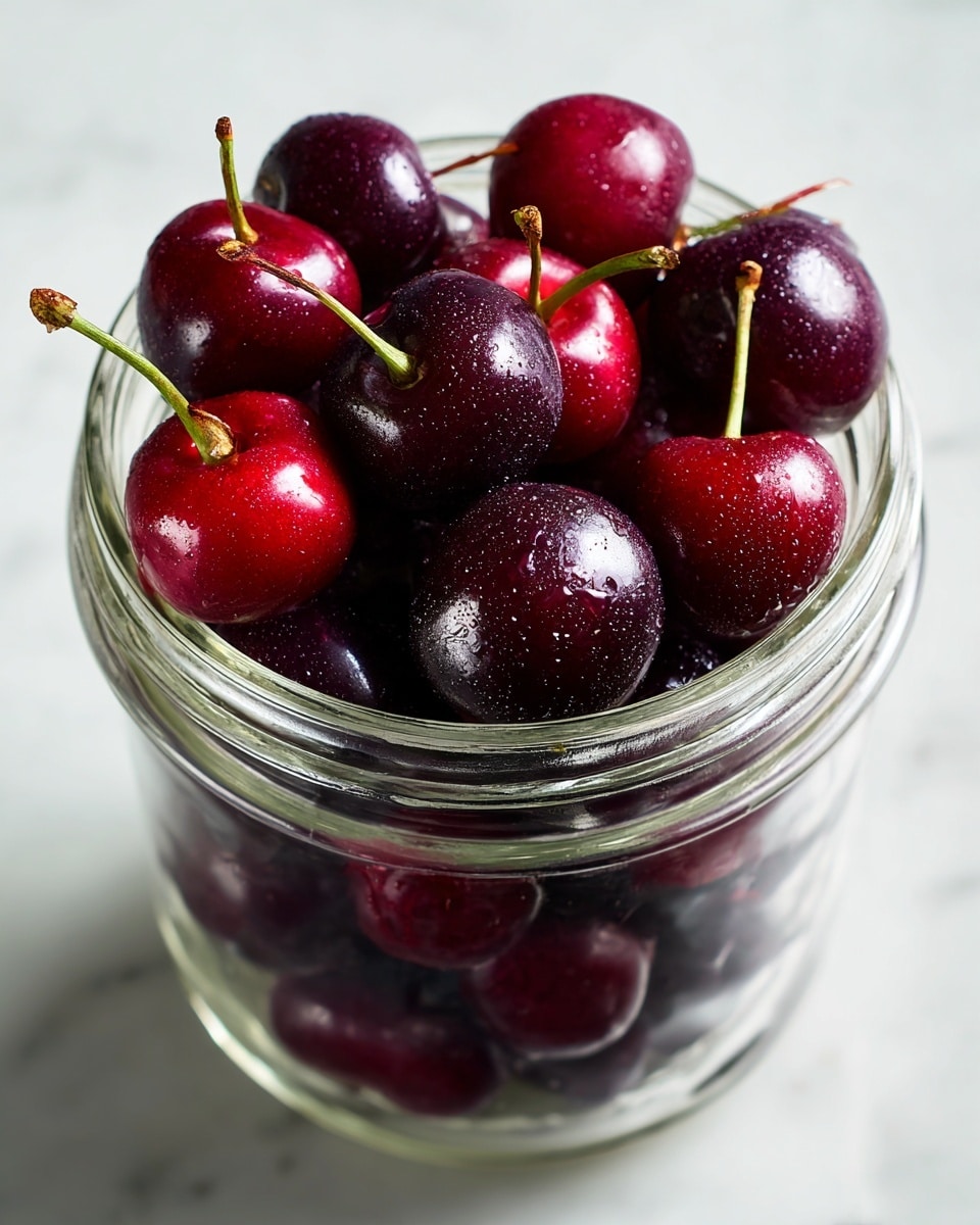A close-up view of a white bowl filled with dark purple cherries with shiny skins, along with a few light red and pale yellow cherries mixed inside, all with stems attached. To the upper left of the bowl is a smaller white bowl containing a pile of light brown granulated powder. There are a few individual cherries scattered on a white marbled surface around the bowls. The lighting highlights the wet shine on the cherries, making them look fresh and juicy. photo taken with an iphone --ar 4:5 --v 7