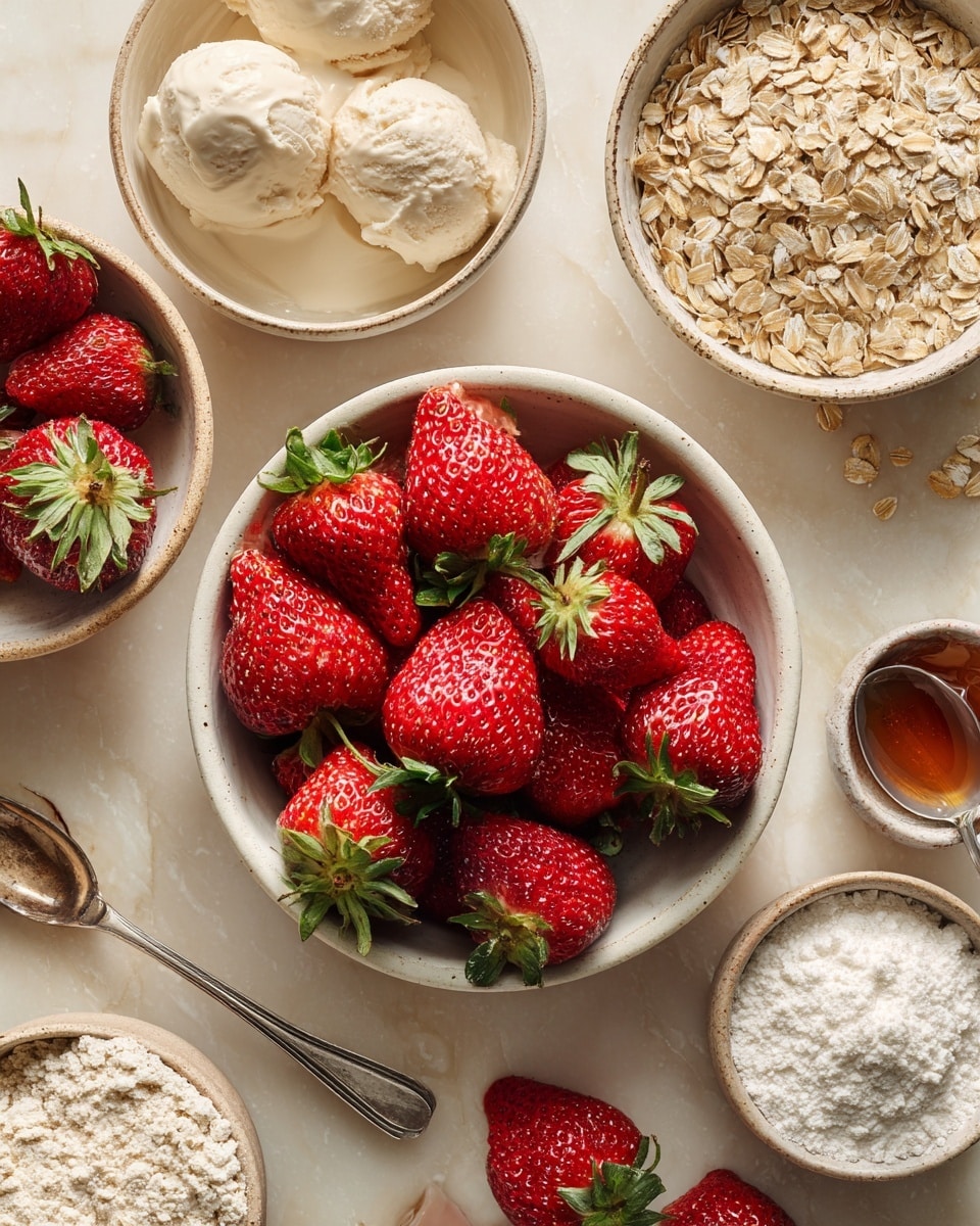 A white marbled surface holds six white bowls arranged loosely; the largest bowl in the center is filled with bright red strawberries with green leaves, each berry shiny and textured. Surrounding it, from top left clockwise, is a bowl with pale beige cream scoops and a silver spoon, a bowl filled with dry, light brown rolled oats, a bowl of white flour with a slightly coarse texture, a bowl of darker brown sugar with a silver spoon, and a smaller bowl of fine white powder. The mix of vibrant red strawberries and soft light tones creates a fresh and natural look photo taken with an iphone --ar 4:5 --v 7