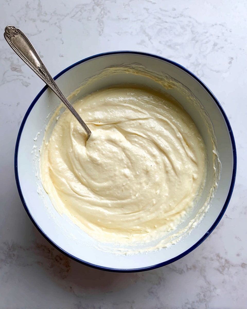 A close-up view of thick, pale yellow batter with a creamy texture filling a large white bowl with a navy rim, with a vintage-looking silver spoon partially dipped into the batter from the top left. The bowl sits on a white marbled surface. photo taken with an iphone --ar 4:5 --v 7