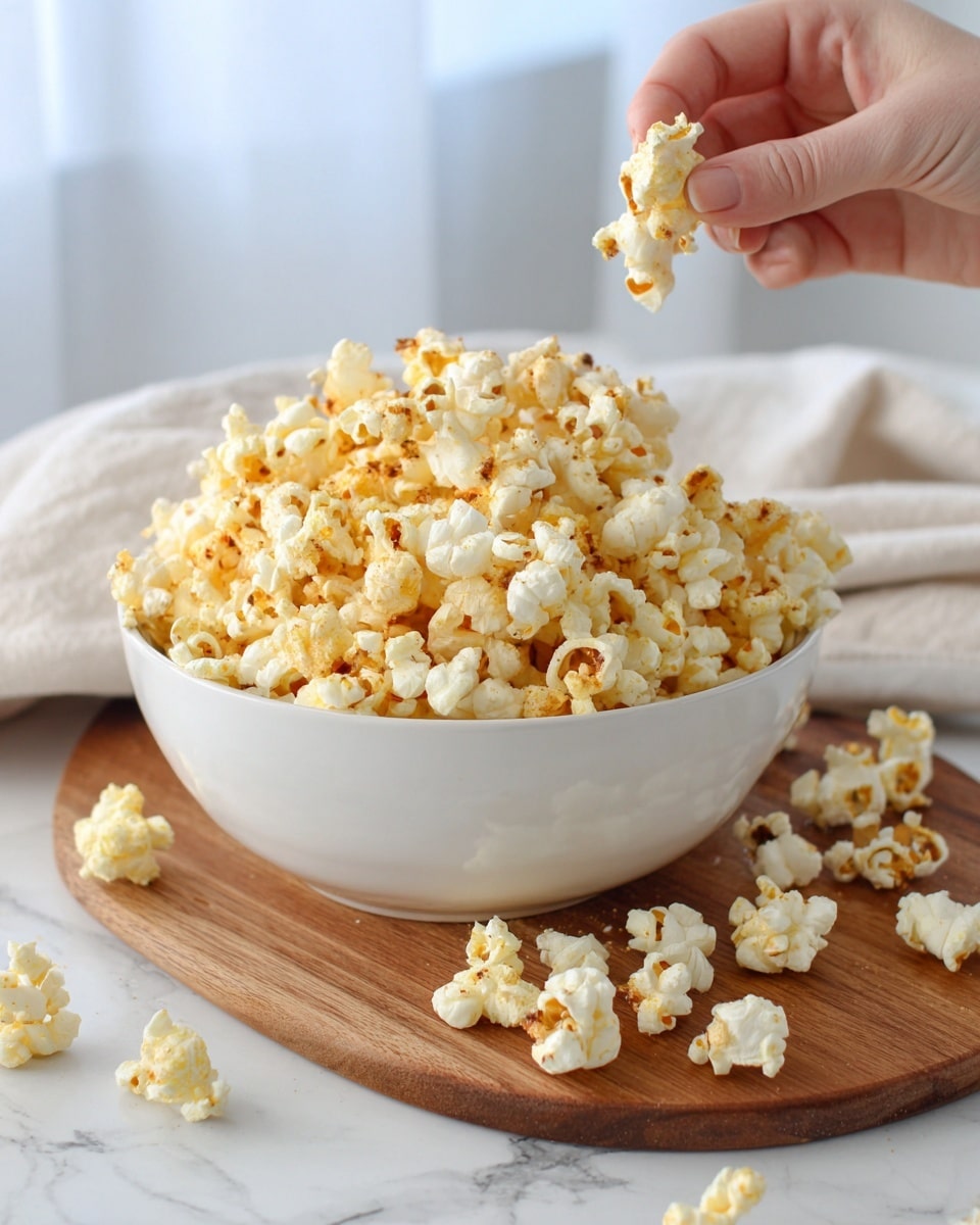 A white bowl full of light yellow popcorn with some brown spots is placed on a wooden board on a white marbled surface. A woman's hand is above the bowl, dropping a piece of popcorn in the air. Some popcorn pieces are scattered on the wooden board and the white marbled surface around the bowl. The background is plain light beige. photo taken with an iphone --ar 4:5 --v 7