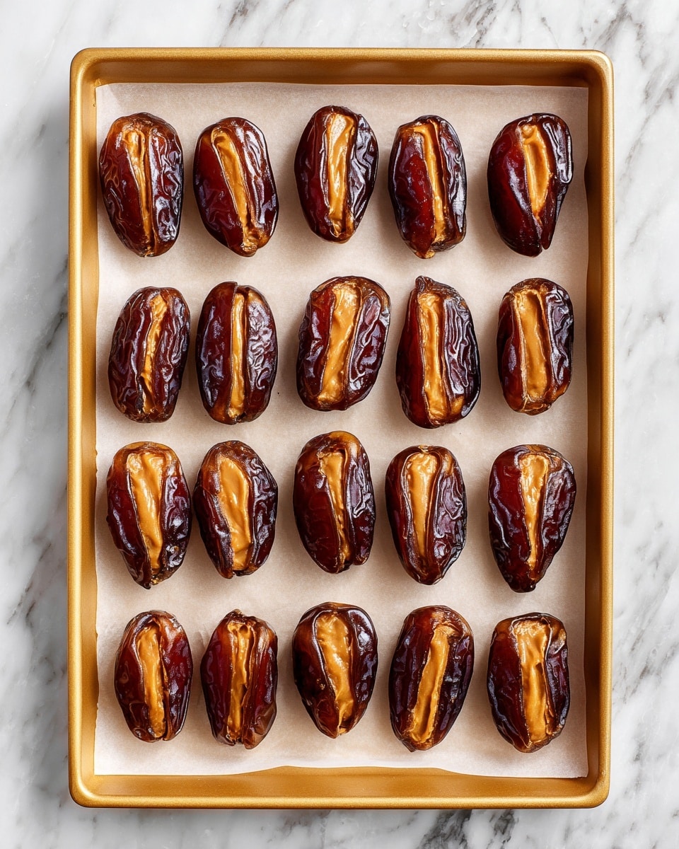 The image shows a baking tray filled with 21 split open dates arranged in neat rows. Each date is dark brown with a shiny, wrinkled texture on the outside and is filled with a smooth, creamy light brown paste inside. The tray is lined with white parchment paper, and the tray is placed on a white marbled surface. The colors range from the dark glossy skin of the dates to the creamy filling, creating a contrast between the rough outside and smooth inside of the fruit photo taken with an iphone --ar 4:5 --v 7