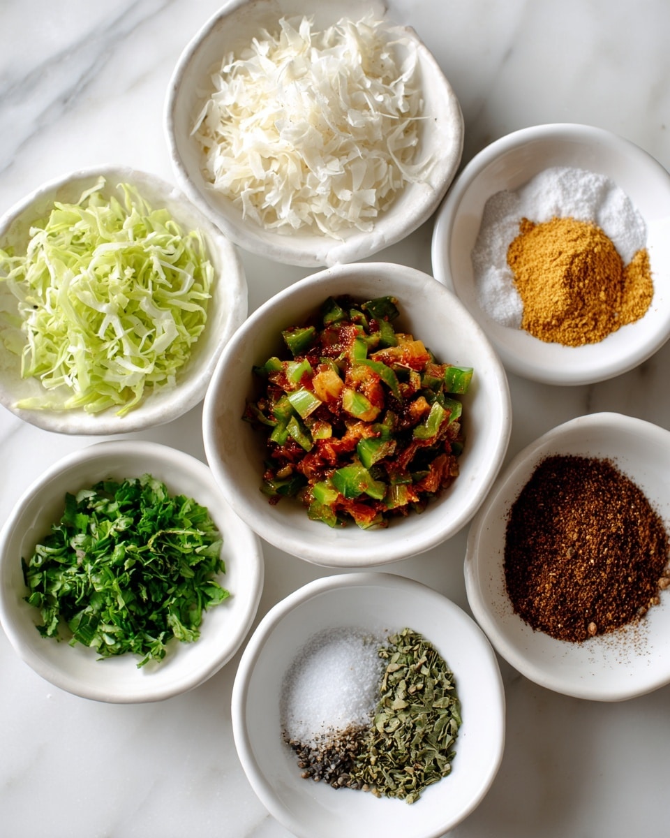 The image shows seven small white bowls arranged on a white marbled surface, each containing different ingredients. In the middle is a bowl with chopped red and green vegetables, diced small. Surrounding it are bowls with yellow powder, white powder, shredded white solid, a light brown liquid, brown granular spice, and chopped green herbs. The ingredients have different textures, from powdery to chunky, and bright natural colors. photo taken with an iphone --ar 4:5 --v 7