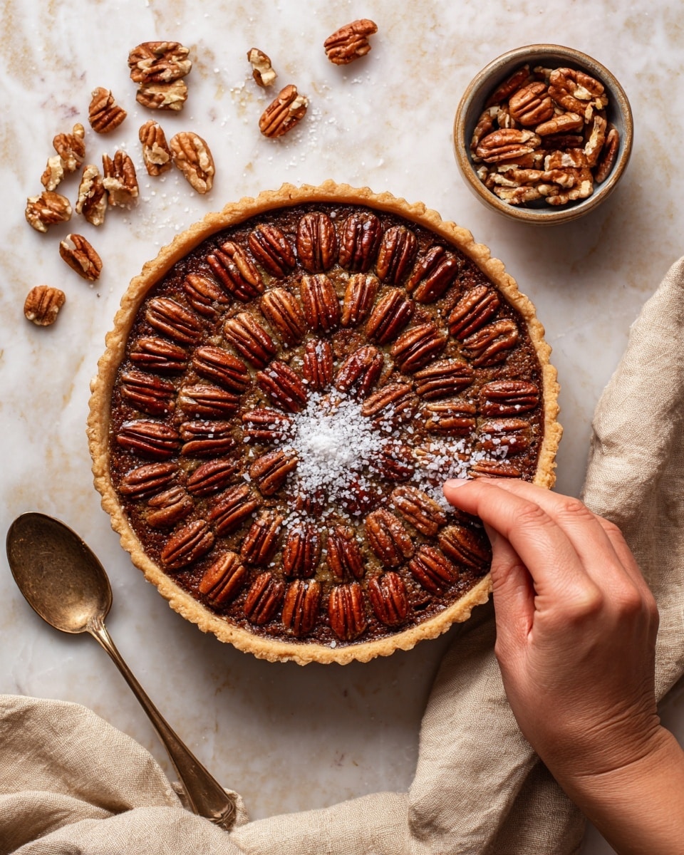 A round pecan tart with a dark brown crust that is thick and crumbly, filled with a light tan, smooth filling. On top, whole shiny pecans are carefully placed in a neat circular pattern, with three rings: one in the center, one in the middle, and one near the crust. A woman's hand is sprinkling coarse white salt over the nuts. The tart sits on a white marbled surface with scattered whole and broken pecans around it. A vintage brass spoon and a beige cloth with soft folds are placed near the tart. The photo is taken with an iphone --ar 4:5 --v 7