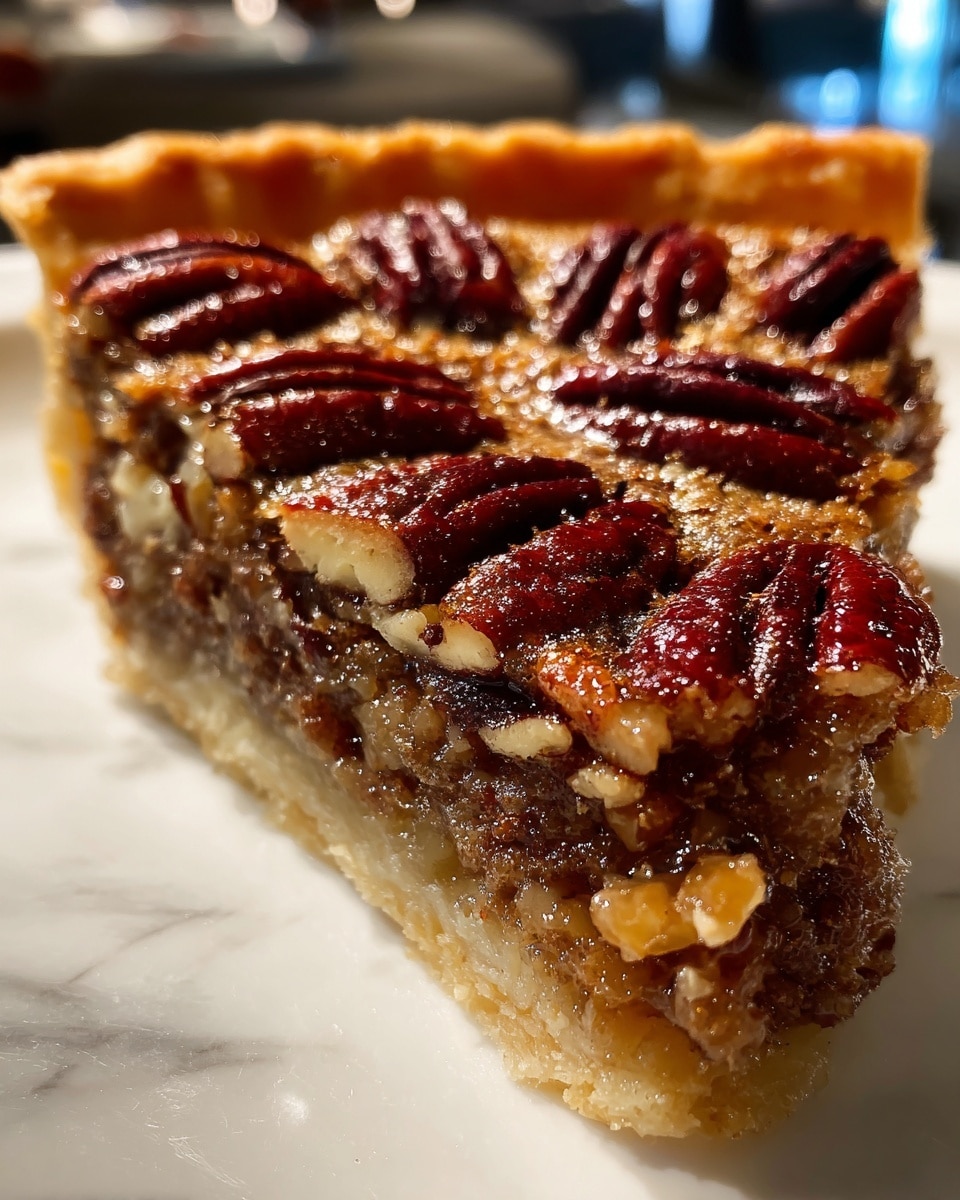 A close-up of a slice of pecan pie showing three layers: the bottom crumbly dark brown crust with a rough texture, the middle light brown smooth filling, and the top layer of whole glossy pecans arranged evenly in rows, with a white marbled surface underneath. photo taken with an iphone --ar 4:5 --v 7