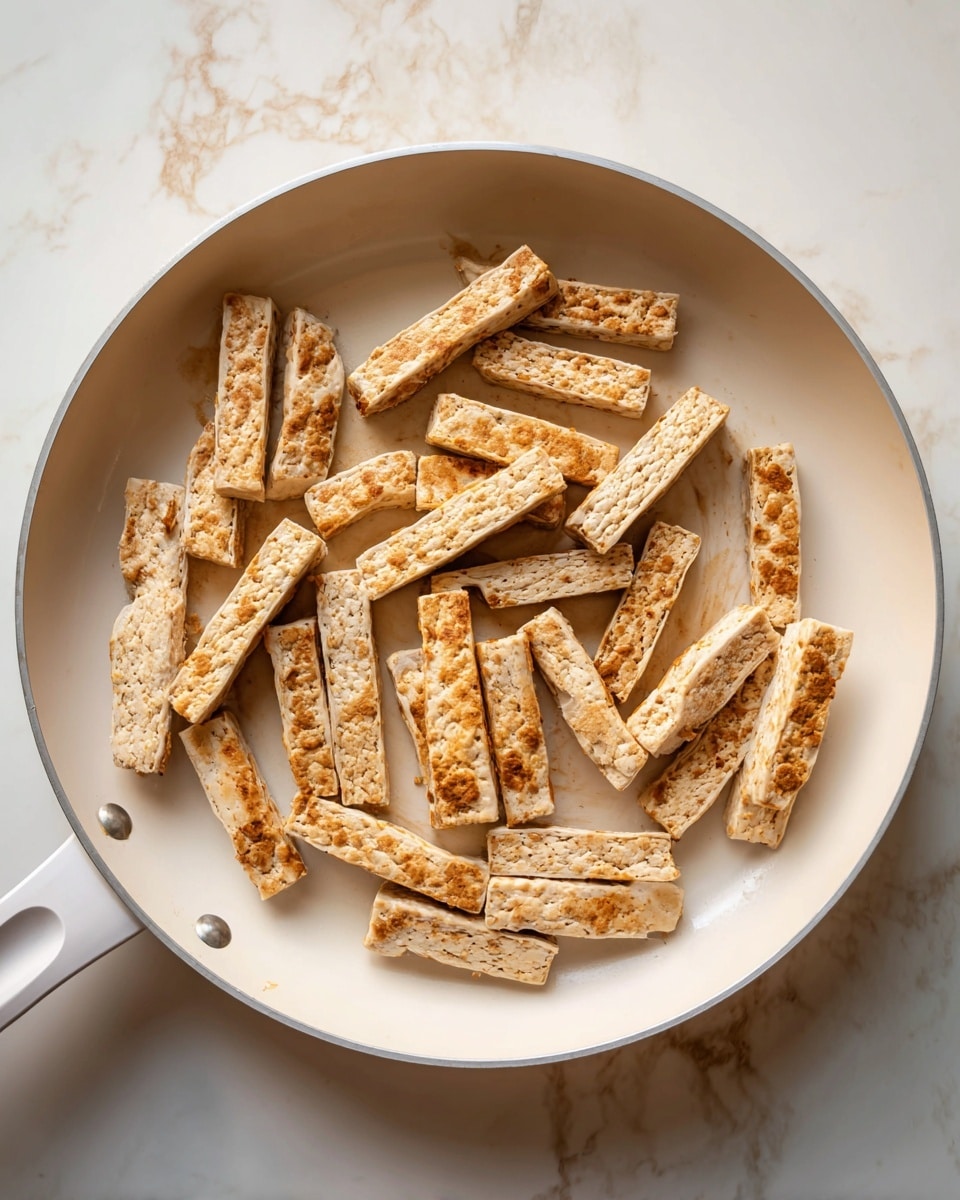 The image shows a white frying pan with many small pieces of light brown tempeh inside. The tempeh pieces are rectangular and oblong, with a visible pattern of soybeans pressed together, showing creamy white and beige colors. The pan is on a surface with a white marbled texture. There is no other food or garnish present. photo taken with an iphone --ar 4:5 --v 7