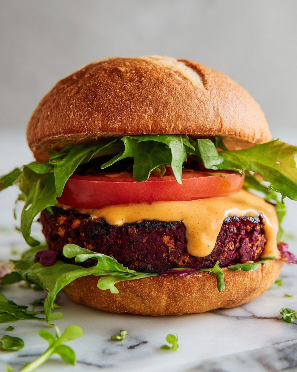 A white plate on a white marbled surface holds an open sandwich with two layers: the bottom layer is a round whole wheat bun with light brown seeds, topped with fresh green lettuce leaves, then a thick, round veggie patty with visible corn kernels and dark brown and reddish textures. The top half of the bun, with similar whole wheat texture, rests to the side of the plate. Nearby, fresh green lettuce leaves and bright red tomato slices lie on the white marbled surface, and a small bowl with white sauce and a spoon is partially visible. Photo taken with an iphone --ar 4:5 --v 7