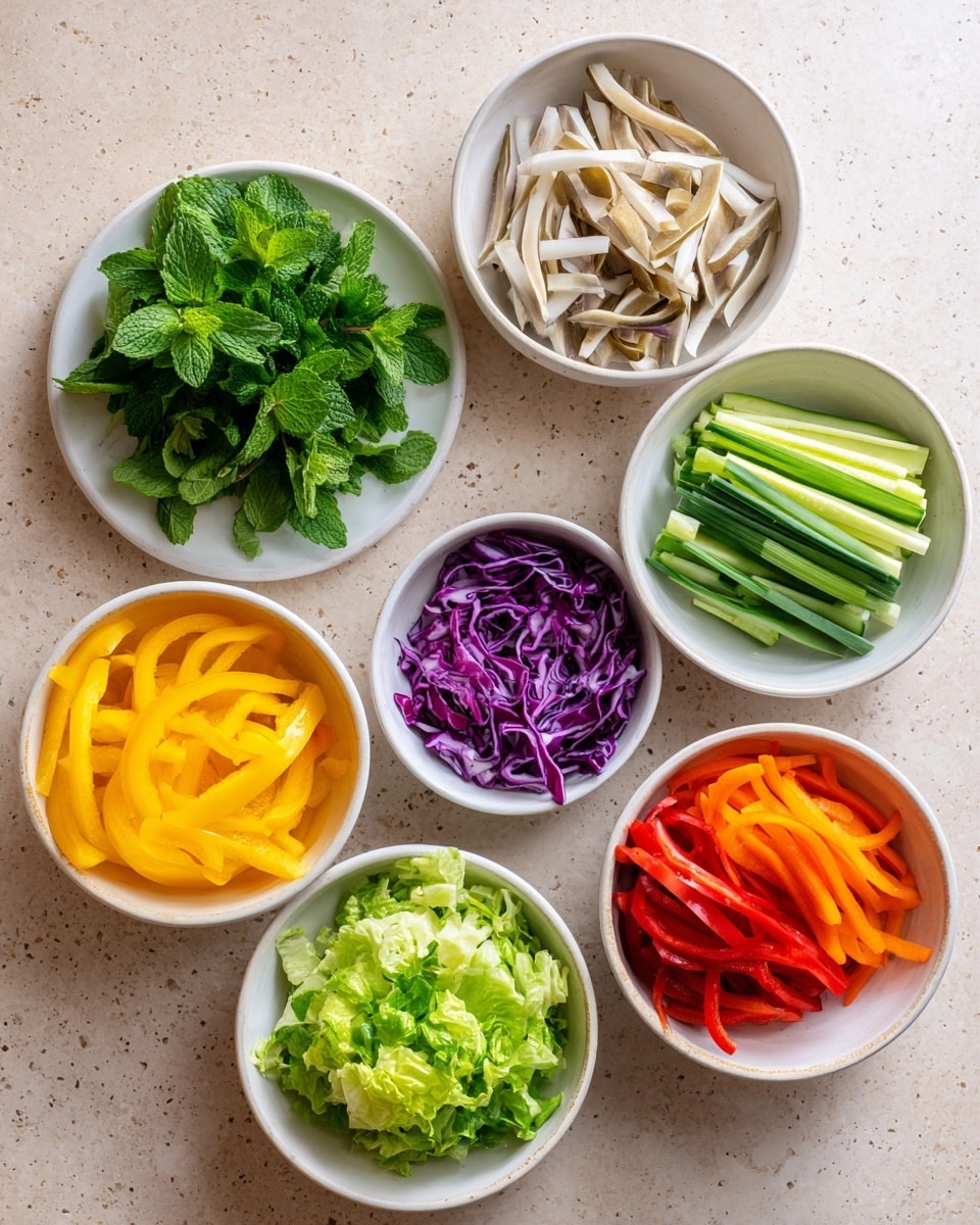 There are seven white bowls and plates arranged on a light brown speckled surface, each filled with different sliced vegetables. Starting from the top left, there is a white plate with fresh green mint leaves, next to it is a white bowl filled with long, thin, light brown and white strips. Below the mint is another white plate with bunches of green spring onions. To the right is a white bowl with thin cucumber sticks, and next to it at the bottom right is another white bowl with chopped green lettuce. At the bottom left is a white bowl filled with yellow and red sliced bell peppers, while next to it is a white bowl with thin orange carrot sticks. In the center is a small white bowl containing thin sliced purple cabbage. The overall colors are fresh and vibrant with leafy greens, bright yellows, reds, oranges, and a mix of white and light tan. photo taken with an iphone --ar 4:5 --v 7