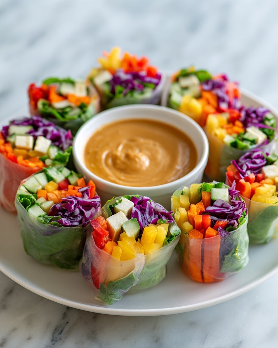 A close-up view of a small fresh spring roll held by a woman's hand showing multiple colorful layers inside: green leafy spinach at the top, white tofu cubes, red and yellow bell pepper strips, thin orange carrot sticks, and purple cabbage shreds, all tightly wrapped in translucent rice paper. In the background, there is a white plate with several similar cut spring roll halves positioned upright, revealing the same vibrant layers inside. In front of the plate is a small white bowl filled with creamy light brown dipping sauce. The entire setup is placed on a white marbled surface. photo taken with an iphone --ar 4:5 --v 7