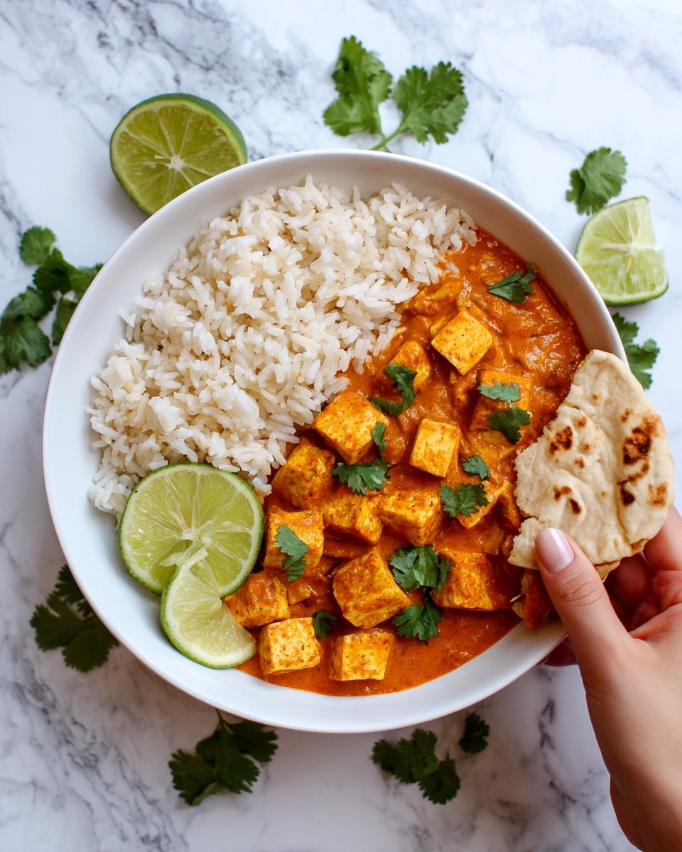 A white bowl on a white marbled surface holds three main layers: on the left side, light brown cooked rice with a soft and fluffy texture; on the right side, a thick orange curry filled with square yellow-orange tofu pieces, surrounded by green cilantro leaves; and on top near the curry, two green lime slices. A woman's hand is picking up a piece of flatbread dipped into the curry on the right side. The whole scene is bright with fresh green cilantro leaves scattered around the bowl. photo taken with an iphone --ar 4:5 --v 7
