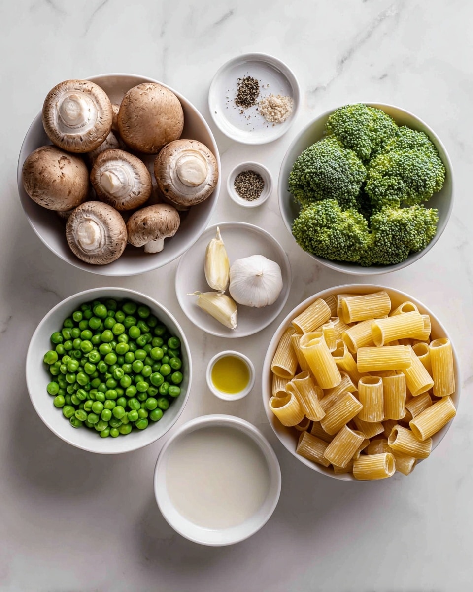 The image shows seven white bowls placed on a white marbled surface. The top left bowl holds brown mushrooms with smooth, rounded caps. To the right, another bowl contains bright green broccoli florets with a textured, bumpy surface. Below the mushrooms, a small bowl contains two cloves of garlic, coarse salt, and black pepper powder arranged side by side. The bottom left bowl holds frosty green peas, round and evenly colored. Near the center, a tiny bowl contains clear golden oil. The largest bowl on the bottom right is filled with uncooked rigatoni pasta, yellow-orange in color with ridged, cylindrical shapes. The bottom center bowl has a white liquid, likely a creamy sauce, smooth in texture. All bowls are spread out neatly with some space between them. photo taken with an iphone --ar 4:5 --v 7