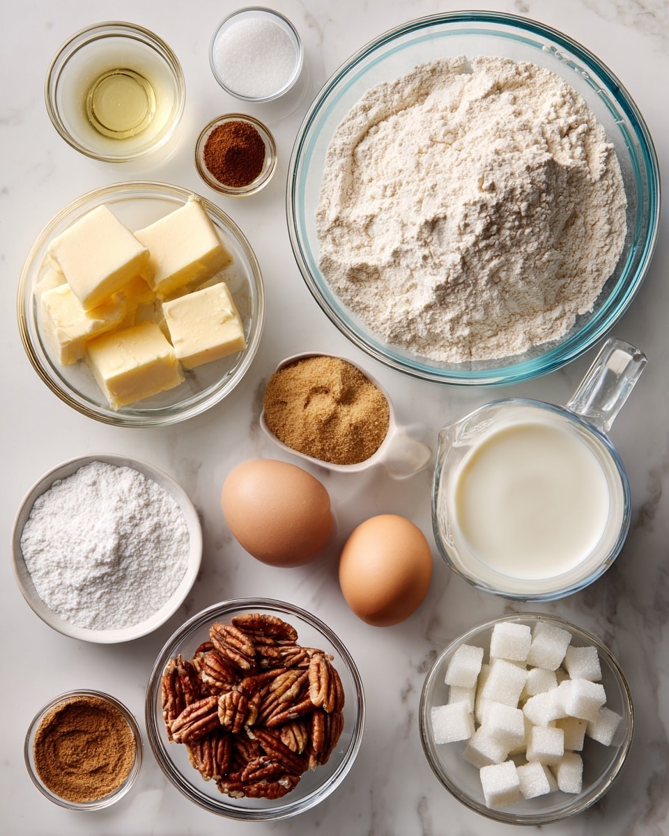 The image shows many clear glass bowls and cups arranged on a white marbled surface, each holding different baking ingredients. Starting from the top right, there is a large bowl full of white flour with a slightly powdery texture. Below it to the right is a glass measuring cup holding white cream milk. In the center right, a smaller bowl contains two brown eggs. Moving left, there is a bowl with big light yellow butter chunks. Below that, a small bowl has brown pecan nuts with detailed grooves. Above the nuts, there is a tiny bowl with brown cinnamon powder. On the far left side, a bowl with a mound of white powdered sugar sits near two smaller bowls; one with light yellow butter cubes and another with light brown brown sugar crystals. Between the sugar bowls and eggs, a clear measuring cup has a transparent liquid that looks like oil. Small amounts of vanilla extract in a small bowl and clear water in another tiny bowl complete the scene. The photo was taken with an iphone --ar 4:5 --v 7