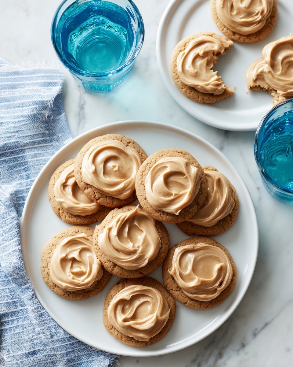 There are twelve round cookies laid out on a white marble surface, each topped with one thick layer of smooth, light brown frosting swirled in a circular motion. The cookies have a textured, slightly cracked surface showing through around the edges of the frosting. On the right side, there is a clear blue glass and a white cloth with blue stripes partially visible. photo taken with an iphone --ar 4:5 --v 7