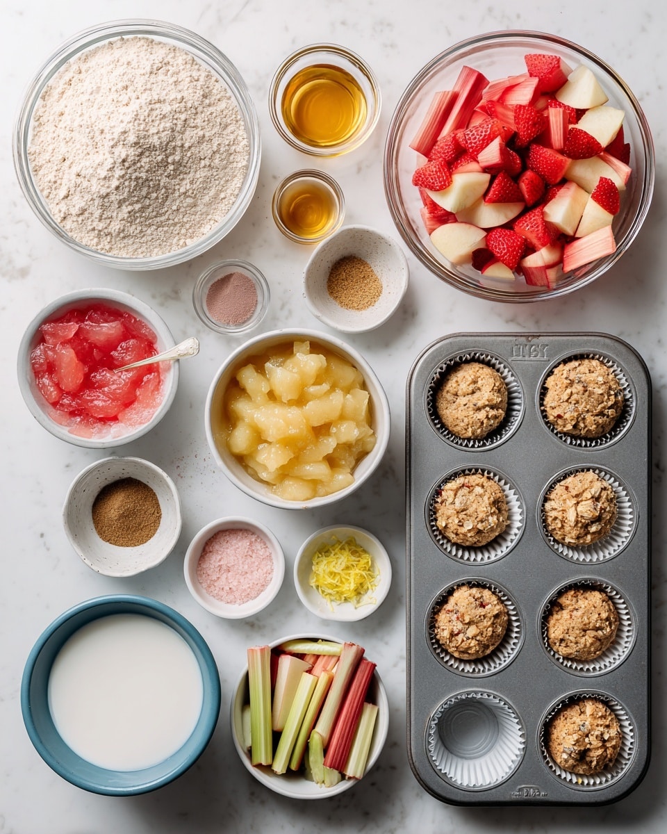 The image shows various ingredients neatly arranged on a white marbled surface. At the top left is a clear glass bowl filled with whole wheat pastry flour, light beige in color. To its right, a larger clear glass bowl holds chopped rhubarb and strawberries, both bright red and pink with green accents. A small clear glass bowl containing golden vanilla extract sits next to it. Below flour, a white bowl holds chunky applesauce, light yellow in color. Next to it, a small clear bowl has a mix of spices including cinnamon and nutmeg in shades of brown and beige. Near the center, another small clear bowl contains pink sea salt. Lemon zest, bright yellow in thin shreds, is in a small clear bowl to the right. A white container holds creamy white coconut milk. Near the bottom left, a white bowl contains a crisp topping blend with crunchy clusters in light brown. Below the applesauce, a blue bowl holds a beige flaxseed meal and water mixture with a spoon inside. Near the bottom center, a small clear bowl contains white baking powder. On the right side, a gray metal baking tray holds white cupcake liners arranged in two rows. All items are clearly labeled with black text, and the overall setup is clean and bright, photo taken with an iphone --ar 4:5 --v 7