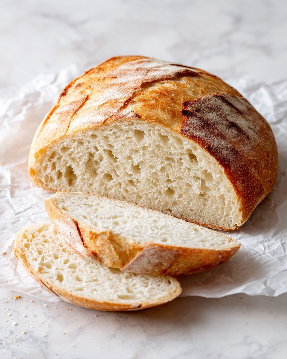 A round loaf of bread with a light brown crust and soft, light tan inside is placed on a crinkled piece of white paper on a white marbled surface. The loaf has a slightly ridged texture on top and is cut into three slices, showing a spongy, porous texture with small air holes. The slices are laid out in front of the main loaf, slightly overlapping each other, creating a simple and natural presentation. photo taken with an iphone --ar 4:5 --v 7