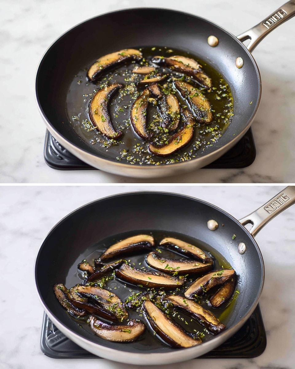 The image shows two views of a non-stick frying pan on a black electric stove with circular burners, placed on a white marbled surface. Inside the pan, there are several long slices of dark brown mushrooms cooking in oil with small green herb pieces scattered around. The mushrooms have a slightly shiny texture from the cooking oil, and they are arranged overlapping each other, spread evenly in the pan. The pan has a metal handle with the brand name visible. The top view shows the mushrooms with less oil, while the bottom view shows them sizzling with oil pooling slightly at the edges. photo taken with an iphone --ar 4:5 --v 7