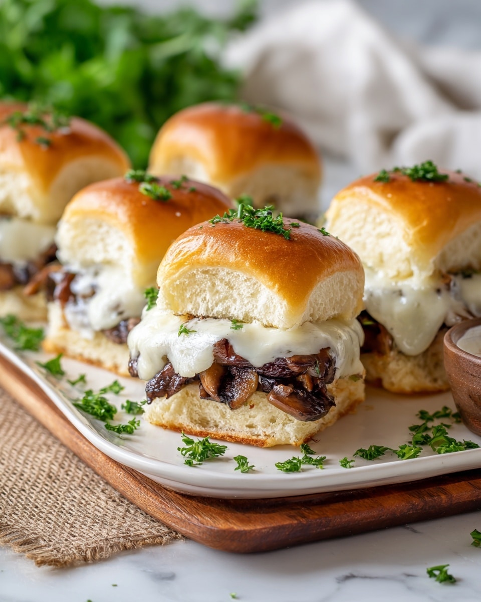 There are two sets of small square sliders with golden brown tops, each sprinkled with chopped green herbs. Four sliders are placed on a light wooden board over a piece of coarse brown fabric, showing a slightly melted pale yellow filling inside. Six sliders are arranged on a clean white plate, scattered with more chopped herbs. A whole garlic bulb and fresh green parsley sit beside the plates on a white marbled surface, adding a fresh touch to the scene. Photo taken with an iphone --ar 4:5 --v 7