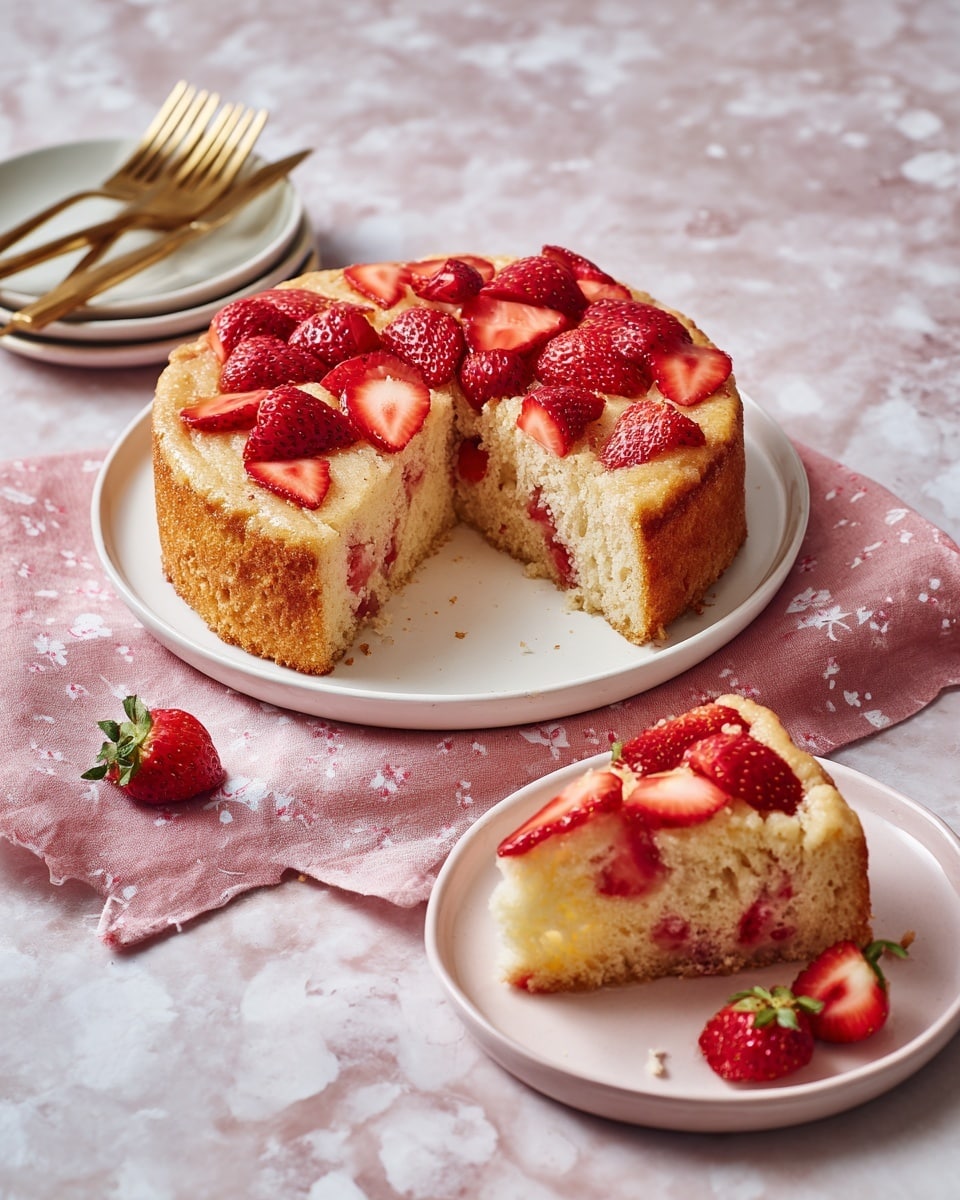 A round metal baking pan holds a freshly baked strawberry cake with one visible layer. The cake is a light golden color with many cut strawberries placed on top, their bright red and slightly textured surfaces contrasting the creamy cake base. The strawberries are arranged unevenly but cover the entire surface of the cake. The pan rests on a golden wire cooling rack, all placed on a white marbled surface. Photo taken with an iphone --ar 4:5 --v 7