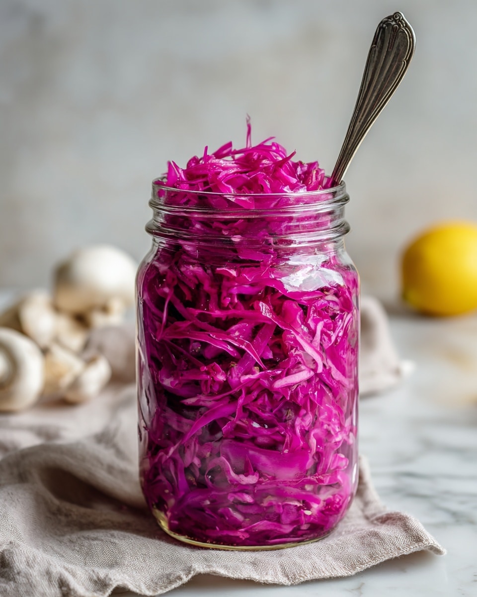 A clear glass jar filled with thinly shredded bright pink and purple cabbage, packed tightly from the bottom to the top. The cabbage layers show a mix of shiny, wet textures with some small black specks mixed in. A white utensil with a brown tip is placed upright in the jar, slightly sinking into the cabbage. The jar is set on a white marbled surface with a soft, beige cloth partially visible in the blurred background. Photo taken with an iphone --ar 4:5 --v 7
