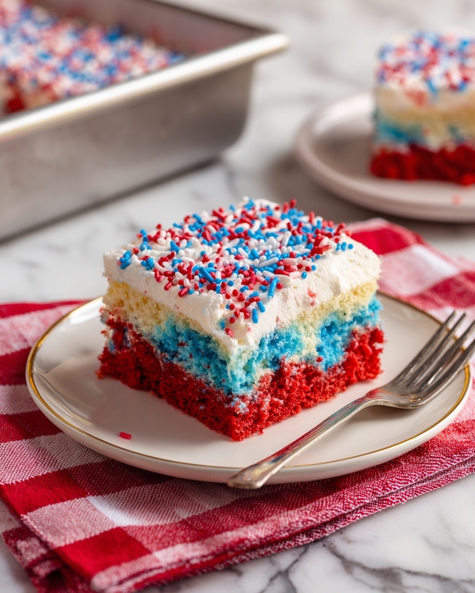 A square piece of cake sits on a white plate with a gold rim, placed on a red and white checkered cloth over a white marbled surface. The cake has three layers: the bottom layer is a mix of blue and red sponge cake with a soft, crumbly texture; the top layer is thick white frosting covered with red, blue, and white sprinkles scattered evenly. In the background, there is a metal pan with more cake visible, and a fork rests next to the slice on the plate. Photo taken with an iphone --ar 4:5 --v 7