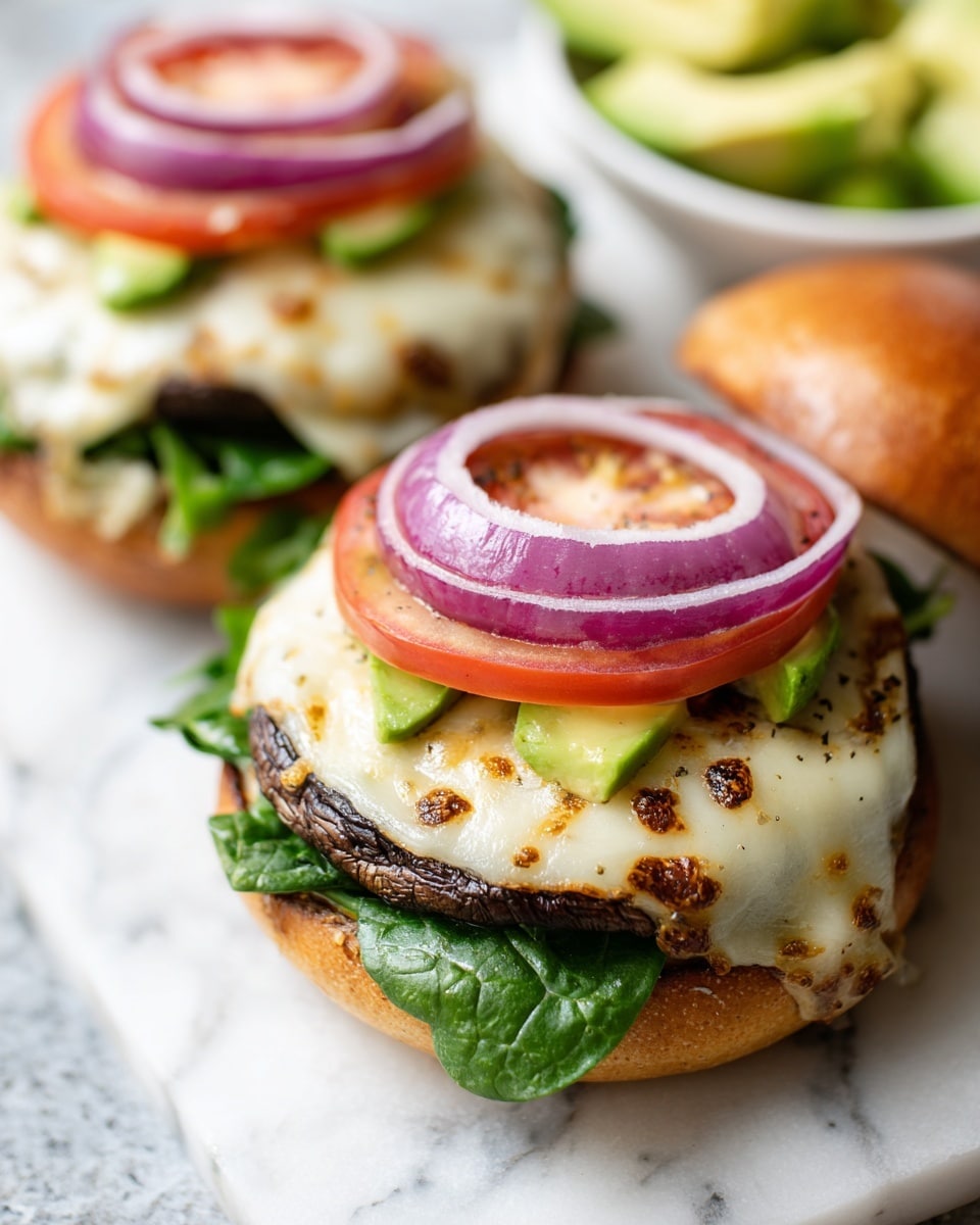This image shows two Portobello mushroom burgers on a white marbled surface. Each burger has a bottom bun topped with fresh green spinach leaves, a cooked large Portobello mushroom cap covered with melted white cheese, and a round slice of raw red onion on top. The top bun is open and placed behind the bottom part, with red tomato slices and green avocado slices layered neatly. The buns are light brown, soft, and slightly toasted. Photo taken with an iphone --ar 4:5 --v 7