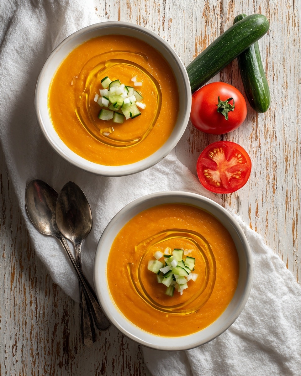 Two white bowls of smooth, thick orange soup are placed on a rustic wooden table with a white marbled texture. Each bowl has three swirled rings of golden olive oil on top, surrounding a small pile of finely chopped white onions and green cucumber pieces in the center. A white cloth is partially under the bowls, with two red tomatoes and a green cucumber next to them. Nearby, two silver spoons rest on the table. The photo taken with an iphone --ar 4:5 --v 7